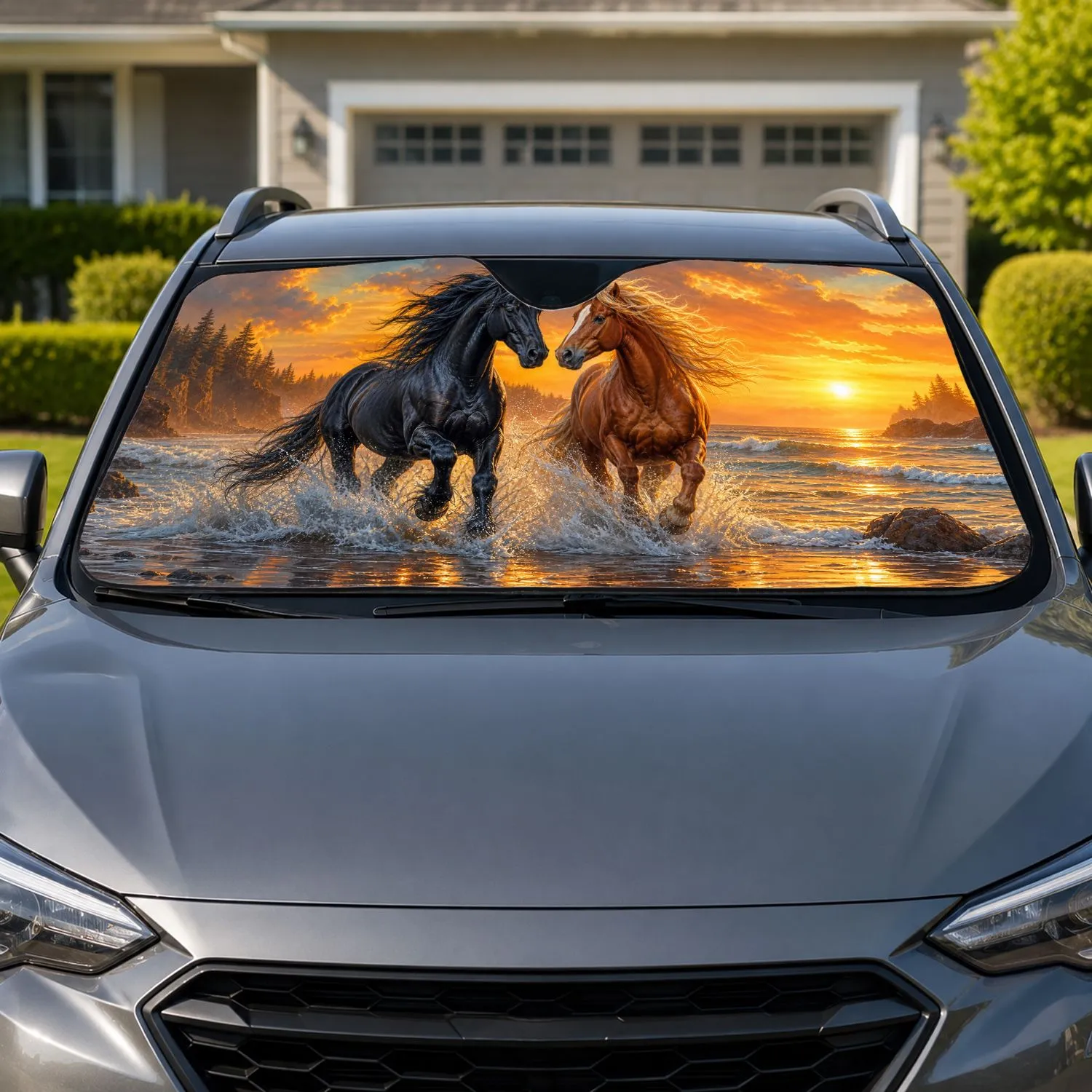 Free Running Horses In Ocean Sunset For Coastal Western Road Trips And Equestrian Fans Car Sunshade - 1