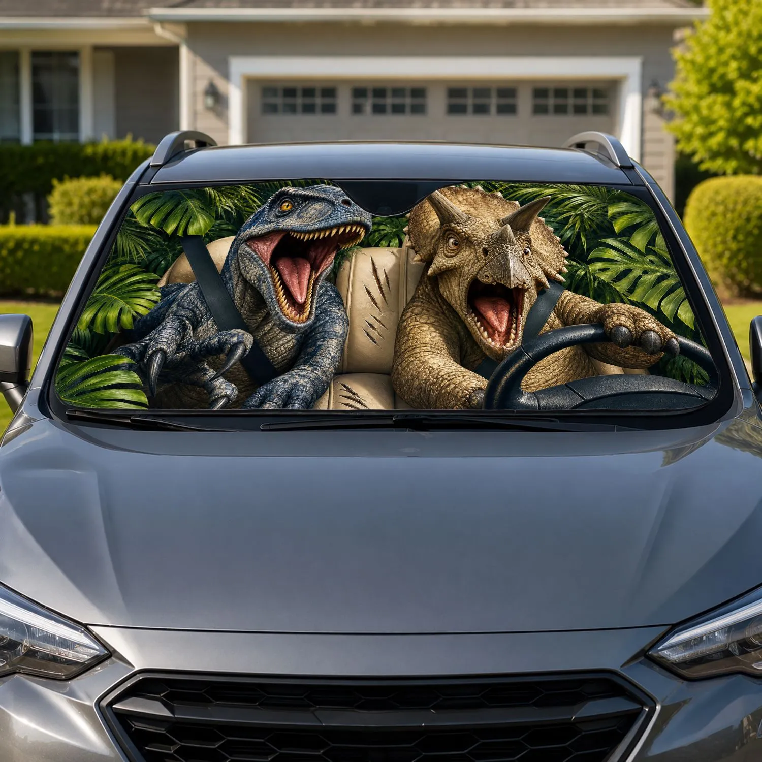 Dinosaur Passenger Jungle Chaos Road Trip Novelty Decor For Dino Fans And Kids Alike Car Sunshade - 1