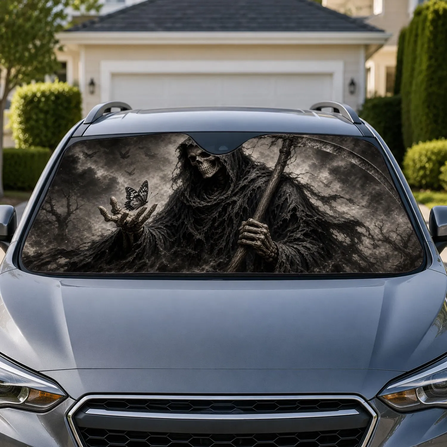Grim Reaper With Scythe And Butterfly Macabre Dark Gothic Decor For Horror Lovers Car Sunshade - 1