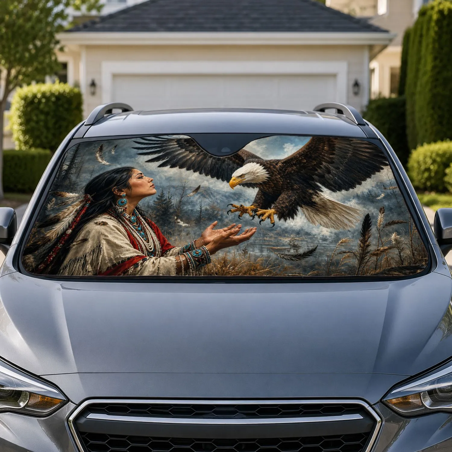 Indigenous Woman And Bald Eagle In Misty Woodland For Heritage Decor And Nature Lovers Car Sunshade - 1