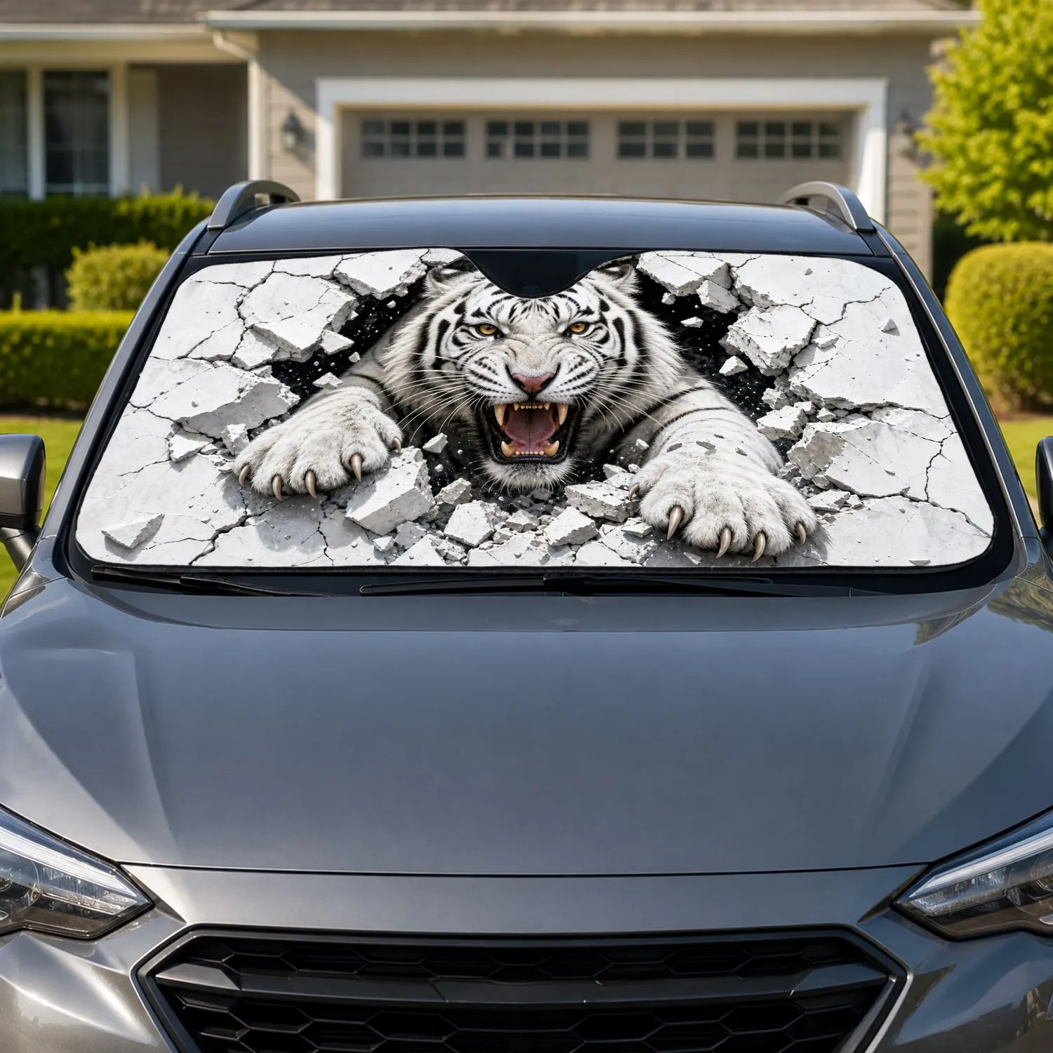 Roaring White Tiger Breaking Through Cracked Wall For Bold Safari Style Animal Lovers Car Sunshade - 1