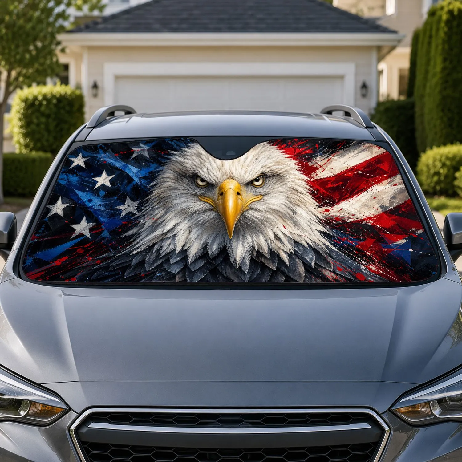 Bald Eagle Patriotic Flag Abstract Paint Splashes For Fourth Of July Road Trip Fans Car Sunshade - 1