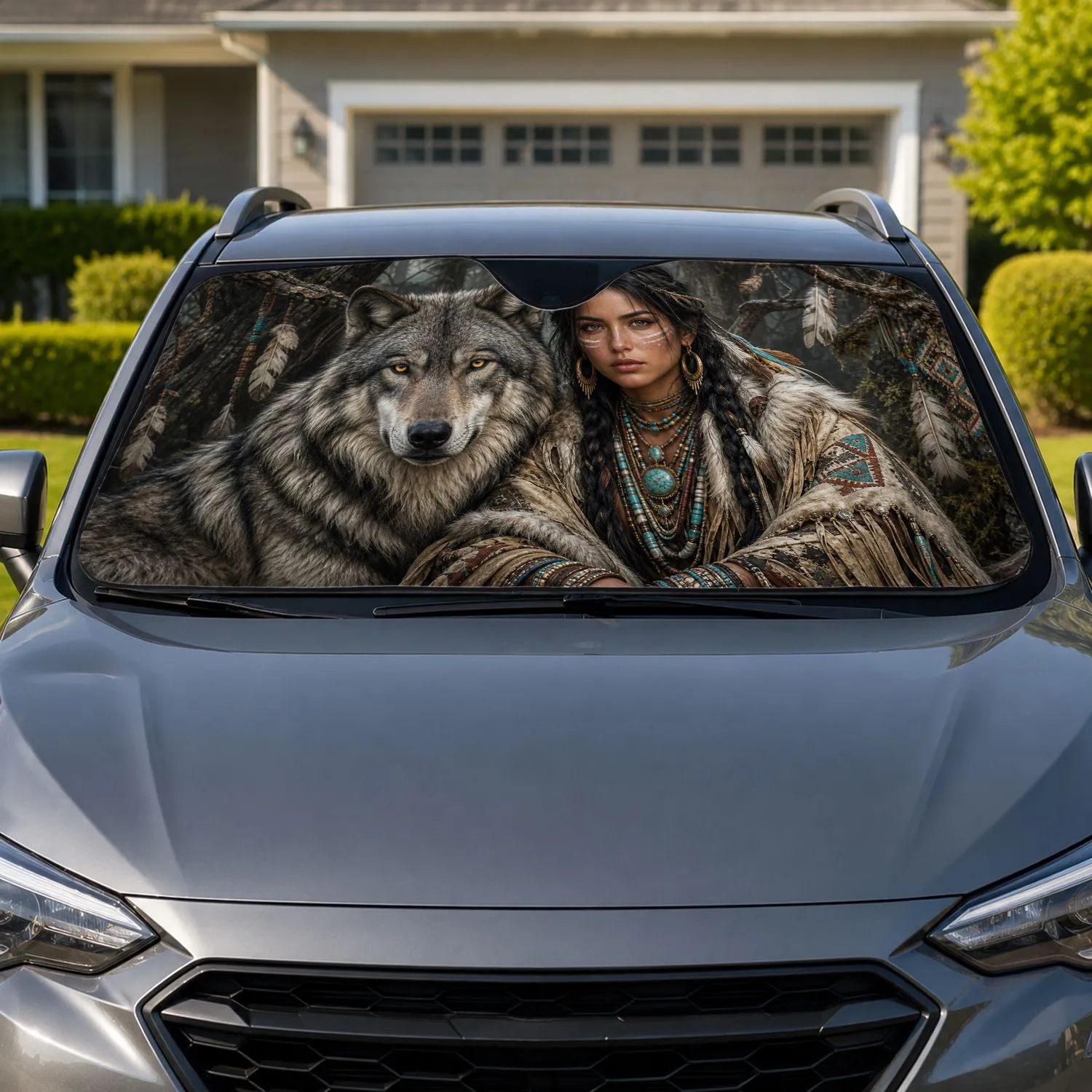 Braided Woman And Gray Wolf Woodland Portrait For Boho Tribal Spirit Decor Lovers Car Sunshade - 1