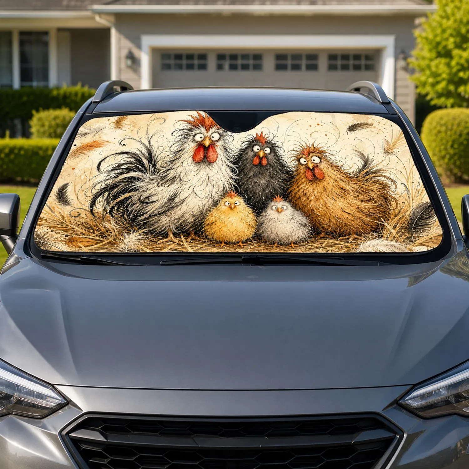 Whimsical Fluffy Chicken Family With Scratchy Ink Farmhouse Decor For Poultry Lovers Car Sunshade - 1