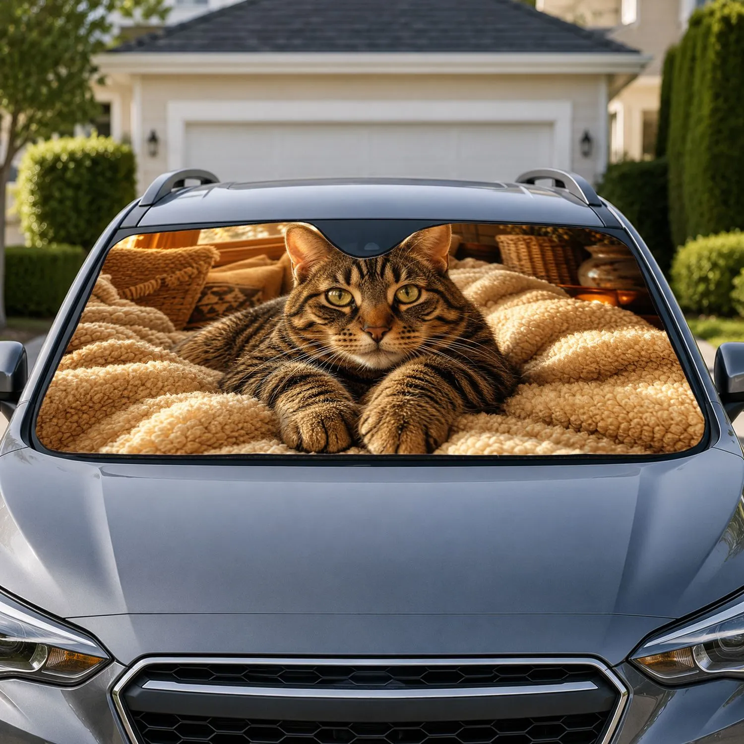 Realistic Brown Black Tabby Cat On Cream Sherpa Blanket Cozy Cabin Decor For Cat Lovers Car Sunshade - 1