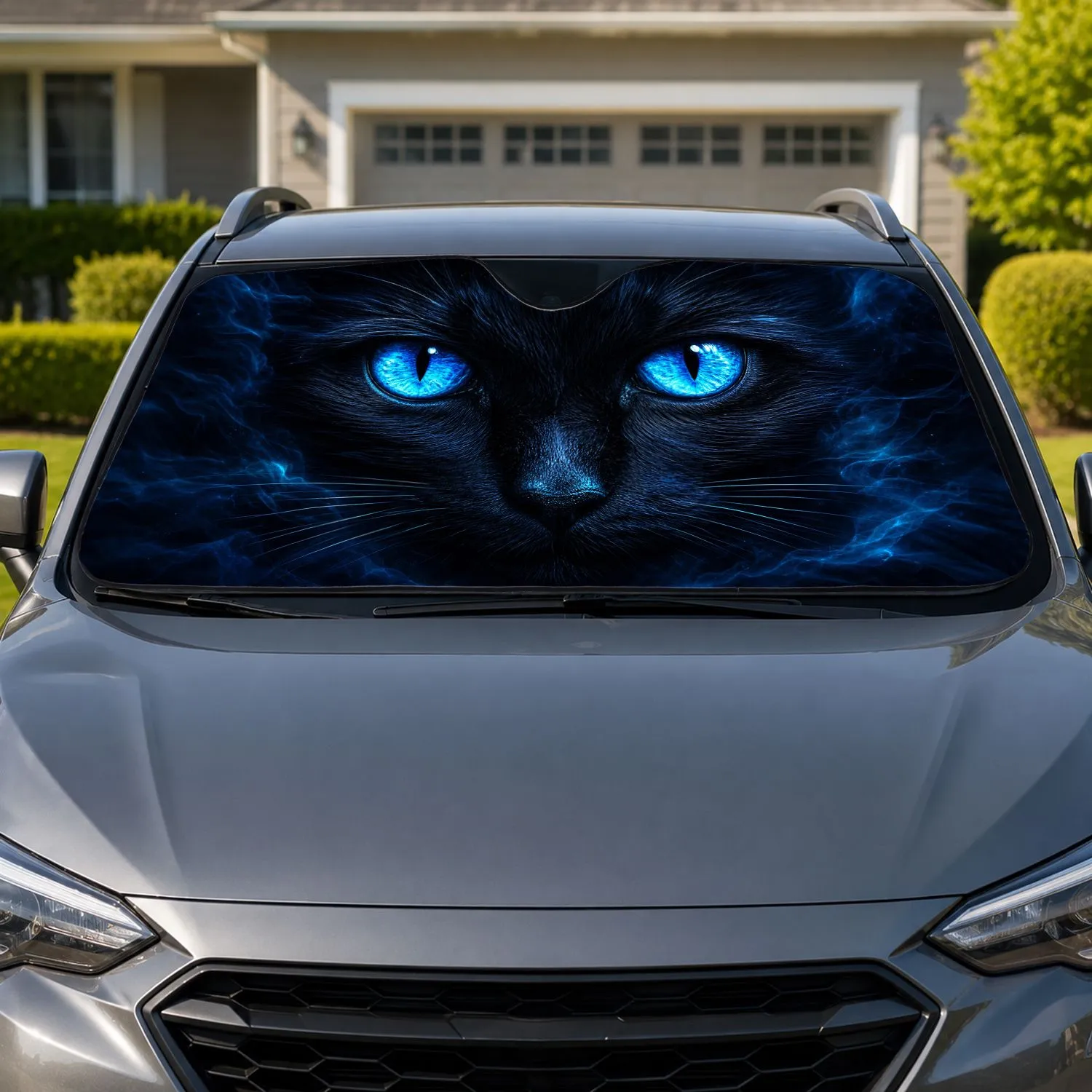 Mystic Black Cat Eyes With Electric Cyan Glow For Night Drive Style And Cat Lovers Car Sunshade - 1