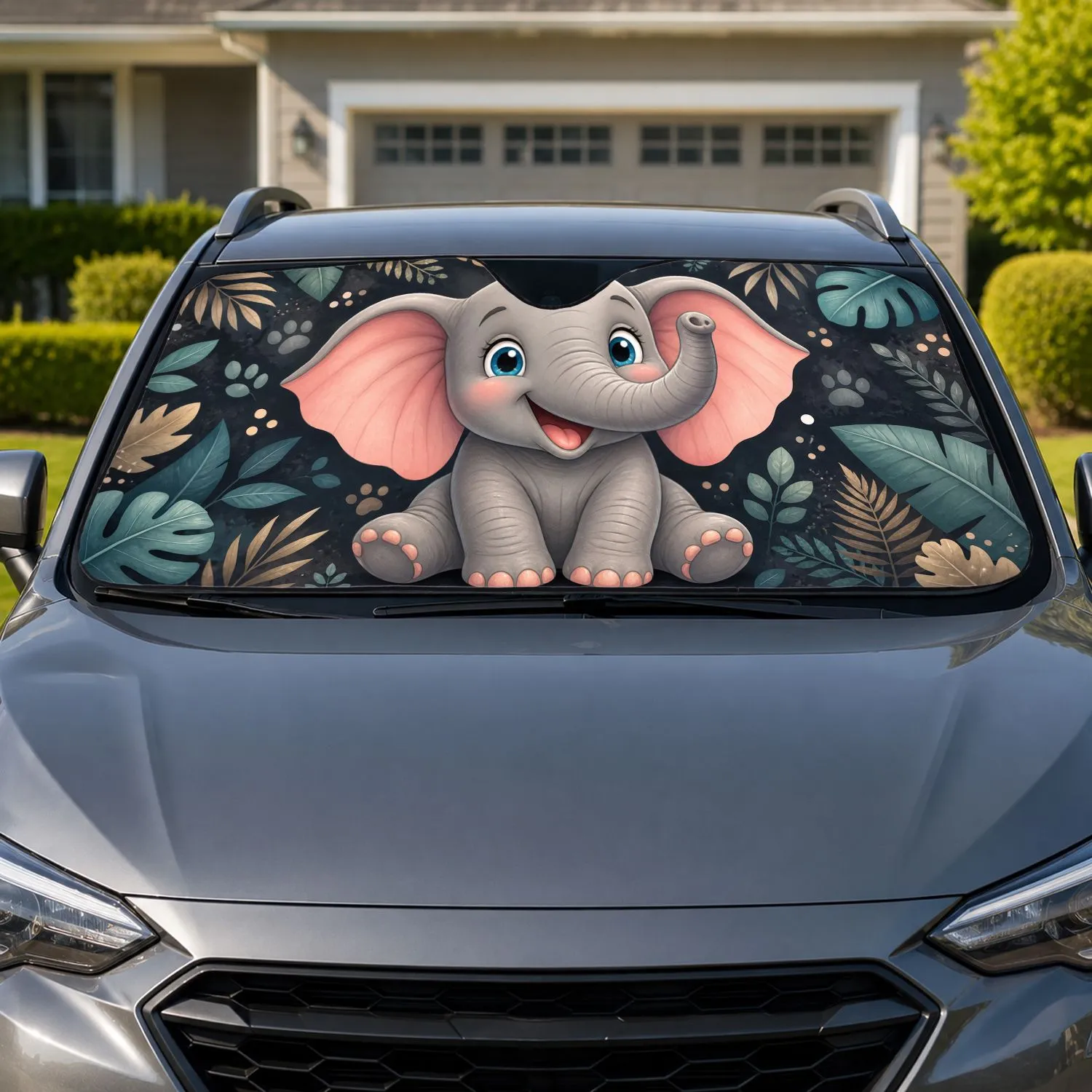 Cute Baby Elephant Jungle Leaves For Playful Road Trip Decor And Animal Lovers And Kids Car Sunshade - 1
