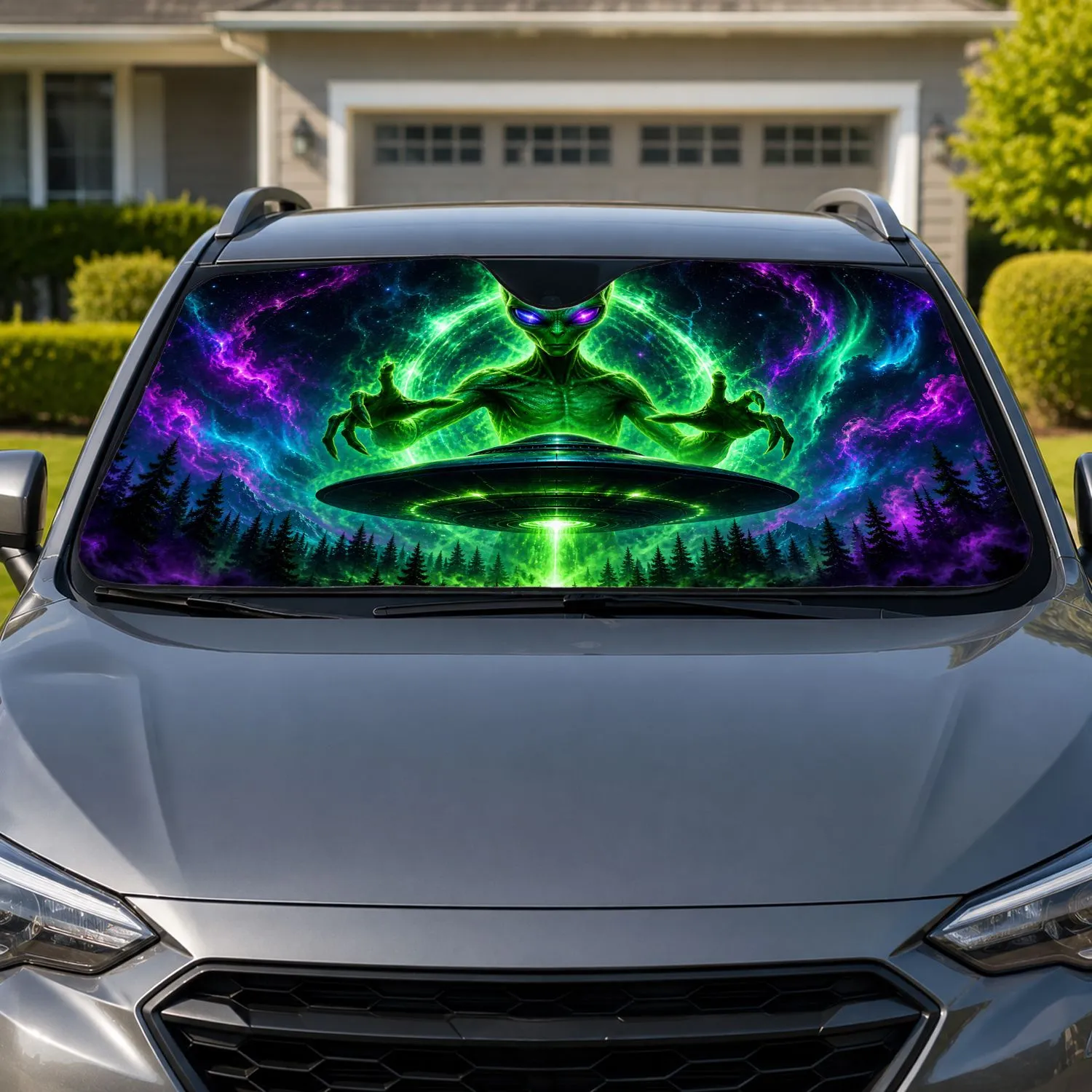 Neon Alien UFO Forest Aurora Space Scene For Sci Fi Road Trip Style Mystery Lovers Car Sunshade - 1