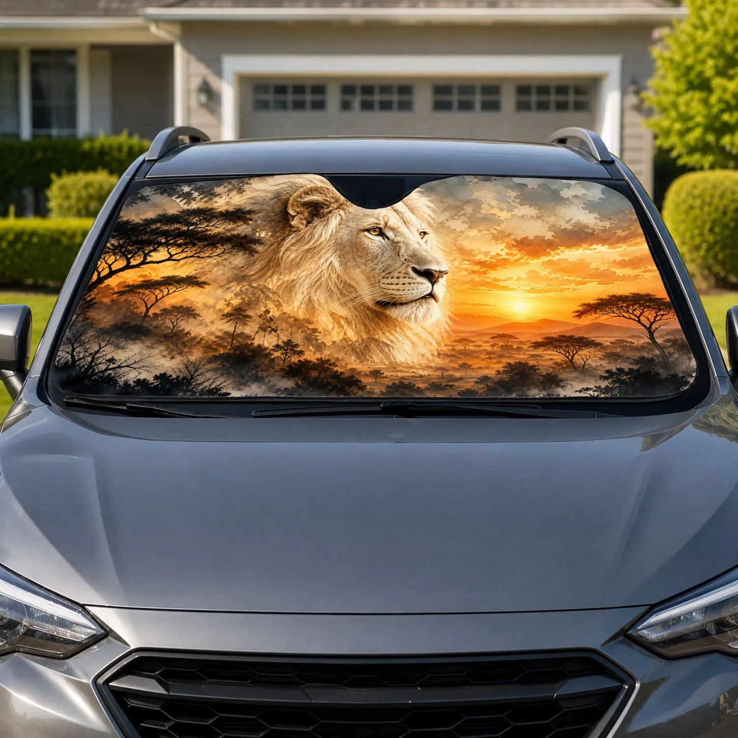 White Lion Savanna Sunset Landscape For Safari Road Trips And Wildlife Lovers Decor Car Sunshade - 1
