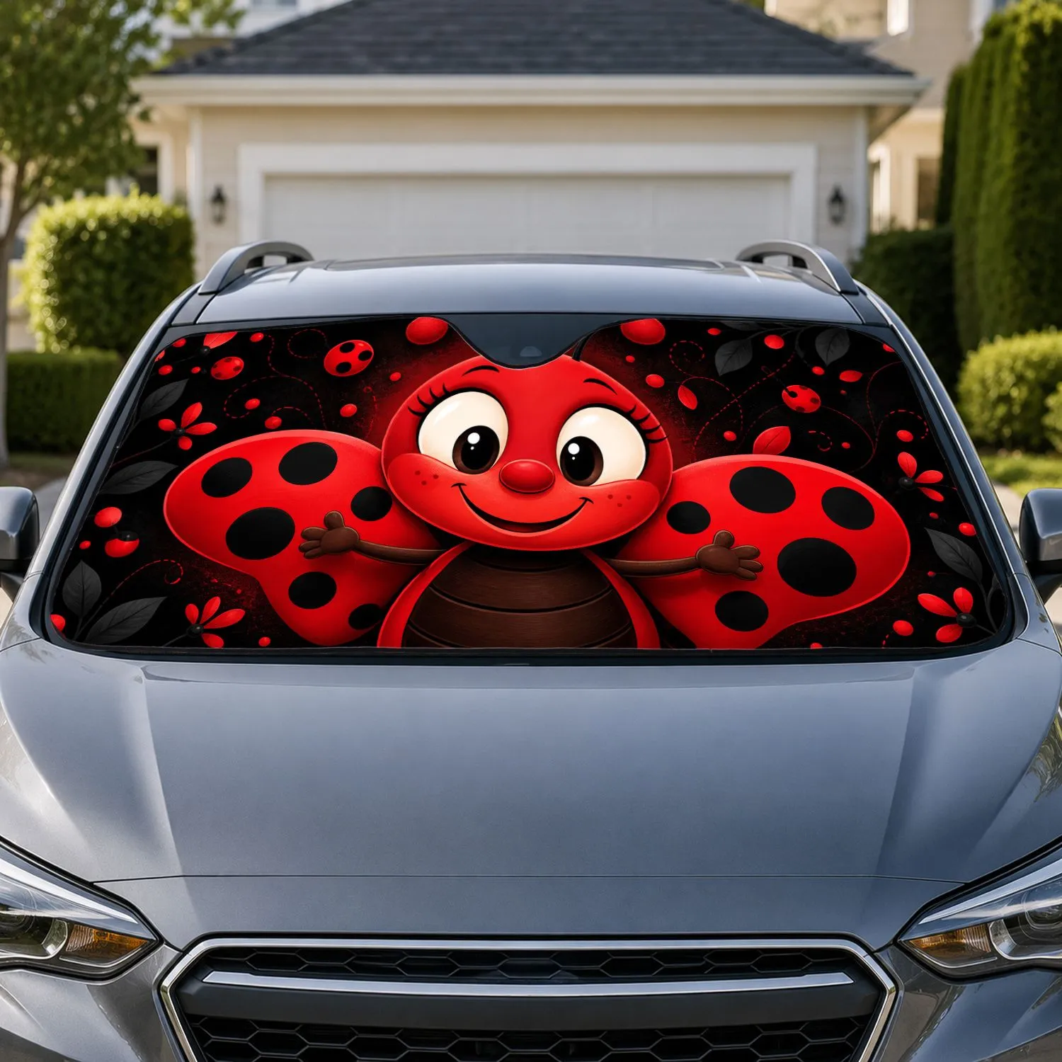 Cheerful Red Ladybug Cartoon With Black Floral Accents For Summer Bug Lovers And Kids Car Sunshade - 1