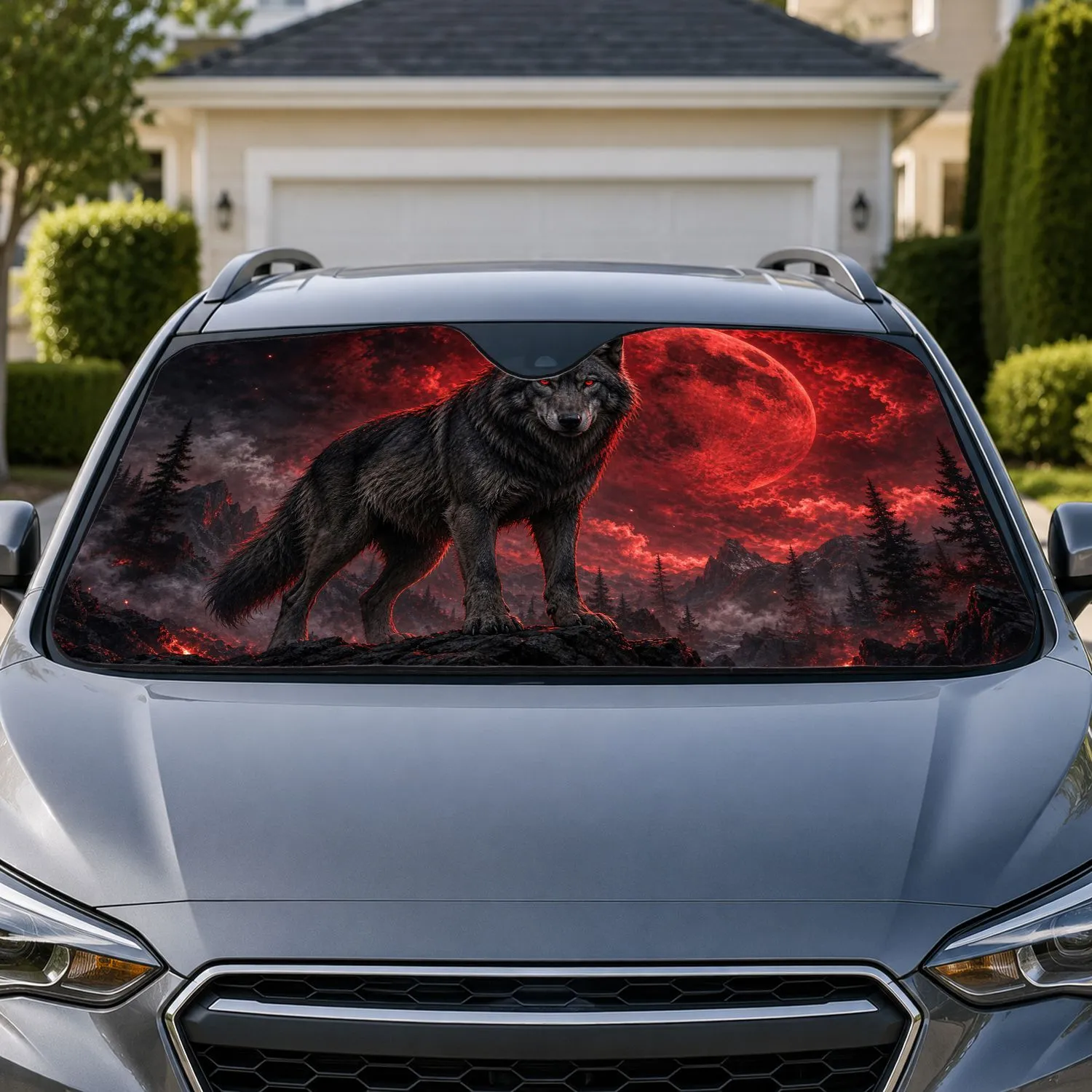 Red Eyed Dark Wolf Beneath Blood Moon For Gothic Wilderness Fans And Night Rides Car Sunshade - 1