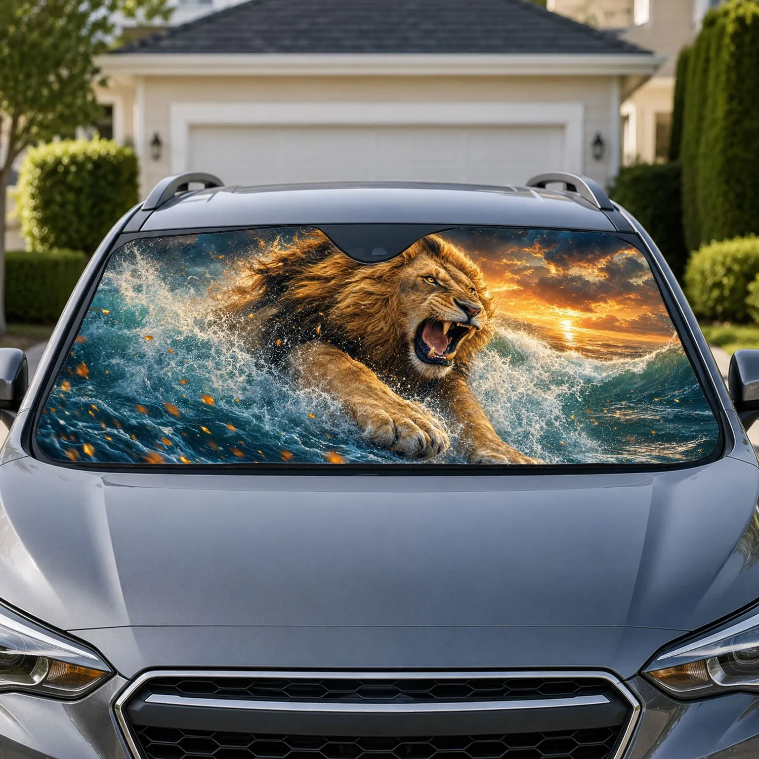 Roaring Lion Charging Through Stormy Ocean Waves For Bold Coastal Safari Wildlife Fans Car Sunshade - 1