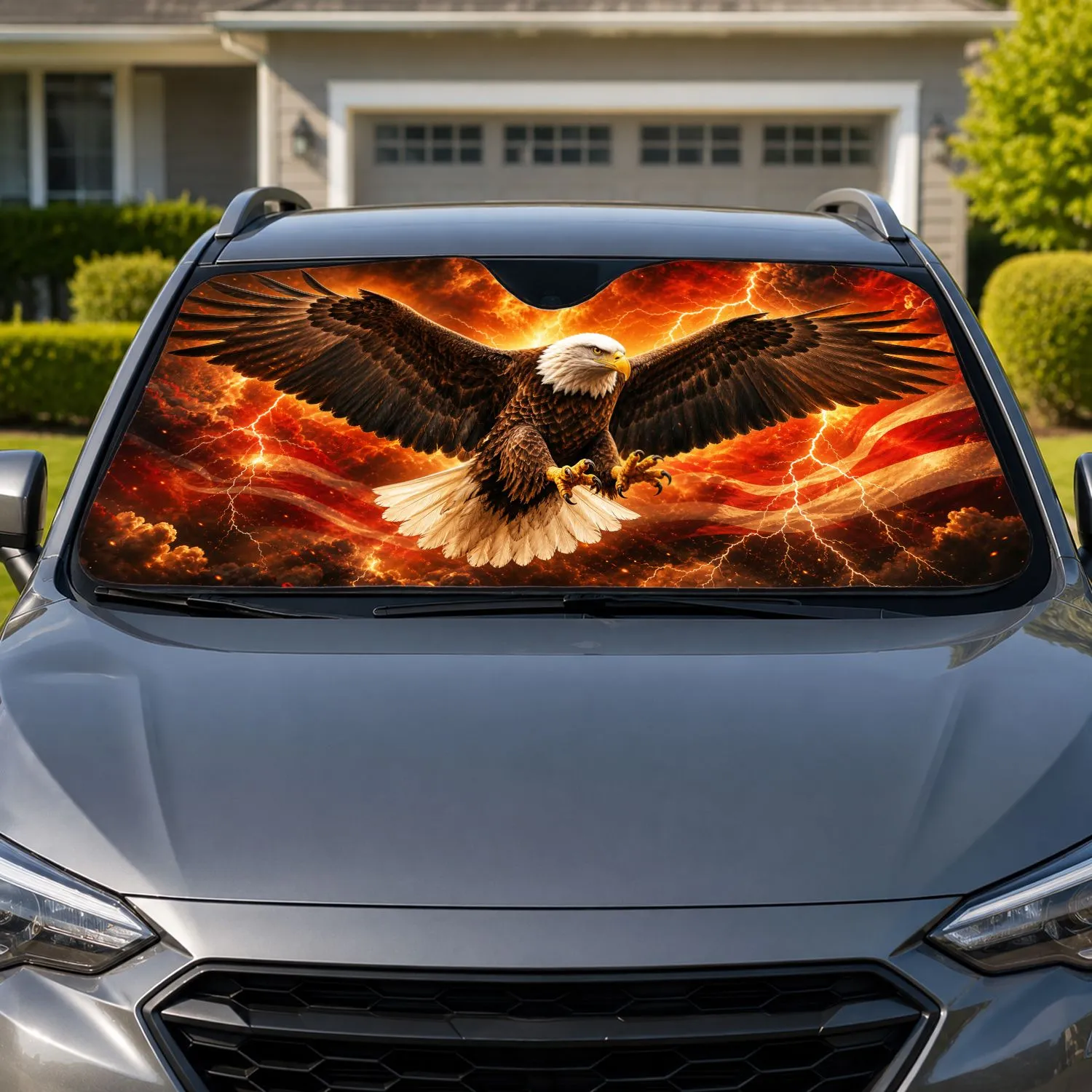 Bald Eagle Lightning Storm Patriotic Fiery Sky Decor For Freedom Lovers And Veterans Car Sunshade - 1