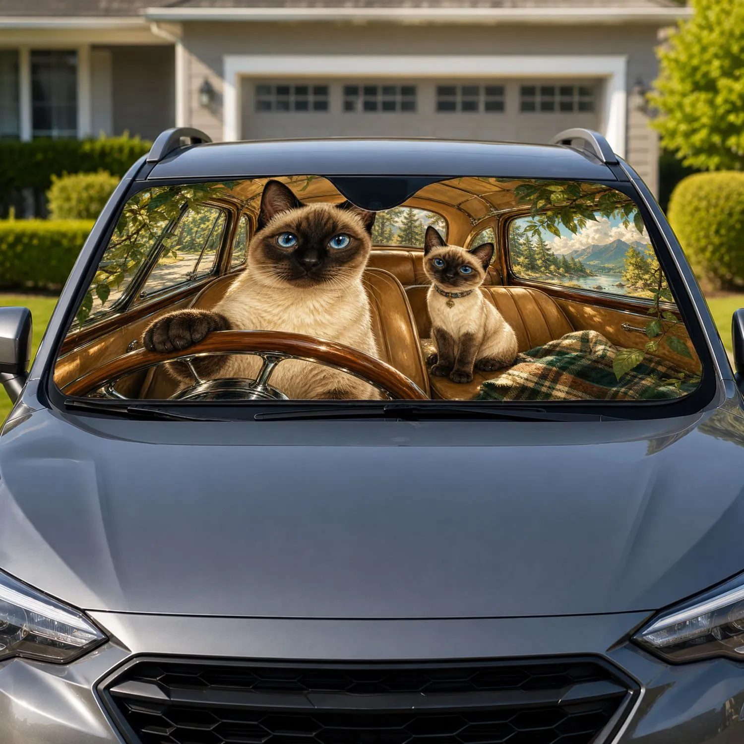 Siamese Cats In Cozy Travel Cabin With Forest Reflections For Cat Lover Road Trips Car Sunshade - 1
