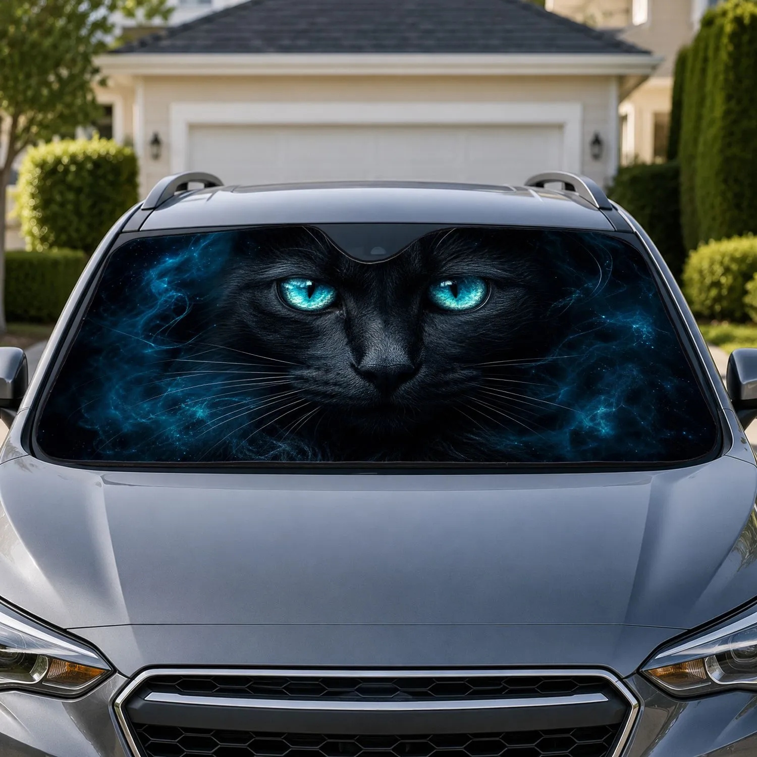 Luminous Blue Eyed Black Cat Night Aesthetic For Daily Gothic Commutes And Cat Lovers Car Sunshade - 1