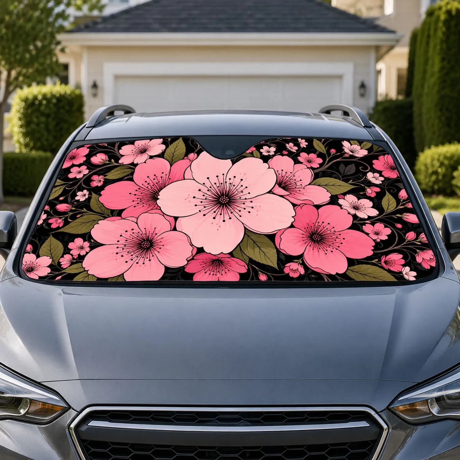 Pink Cherry Blossom Floral Bouquet On Black For Summer Road Trips And Daily Drivers Car Sunshade - 1