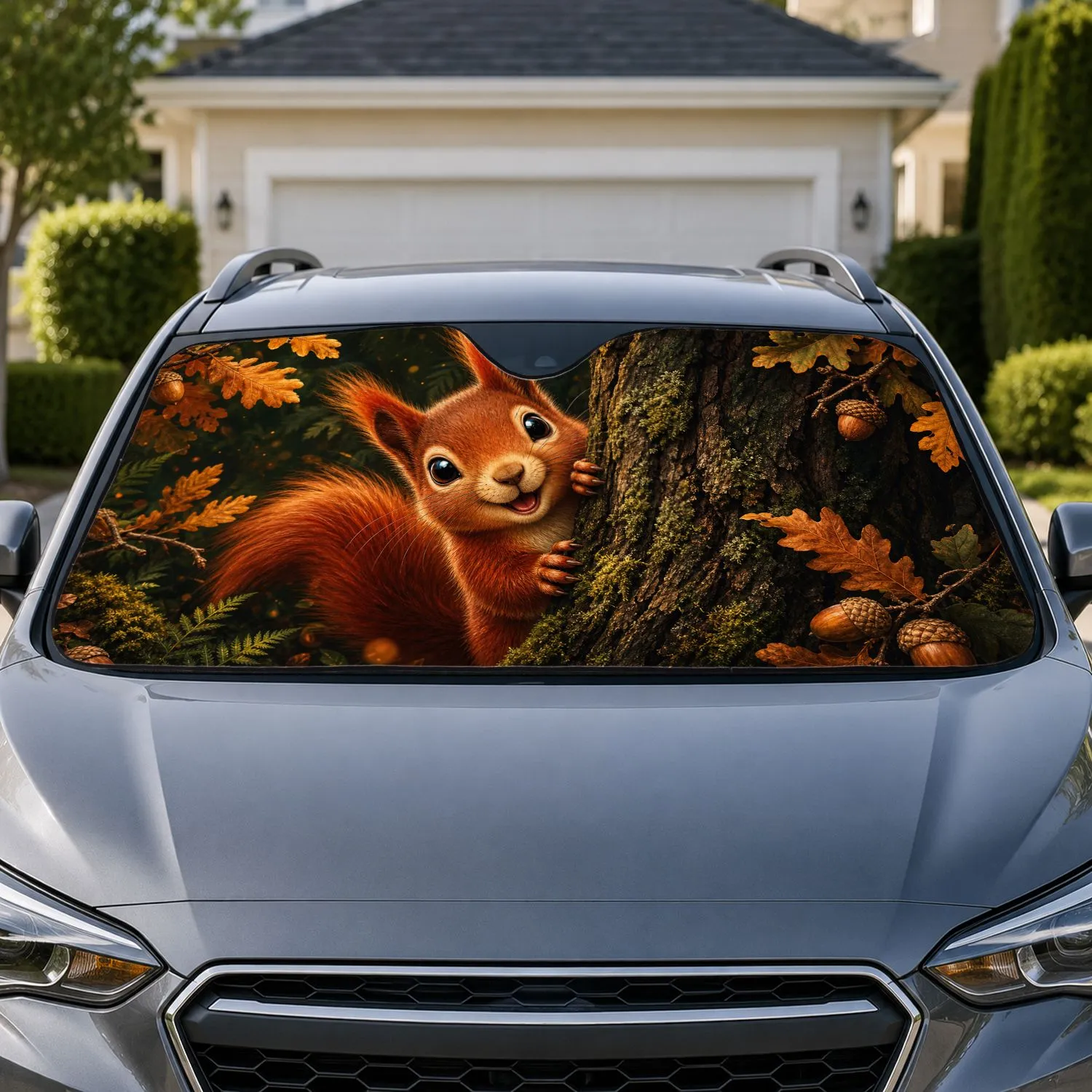 Cute Red Squirrel Peeking From Forest Tree For Woodland Drives And Nature Lovers Car Sunshade - 1