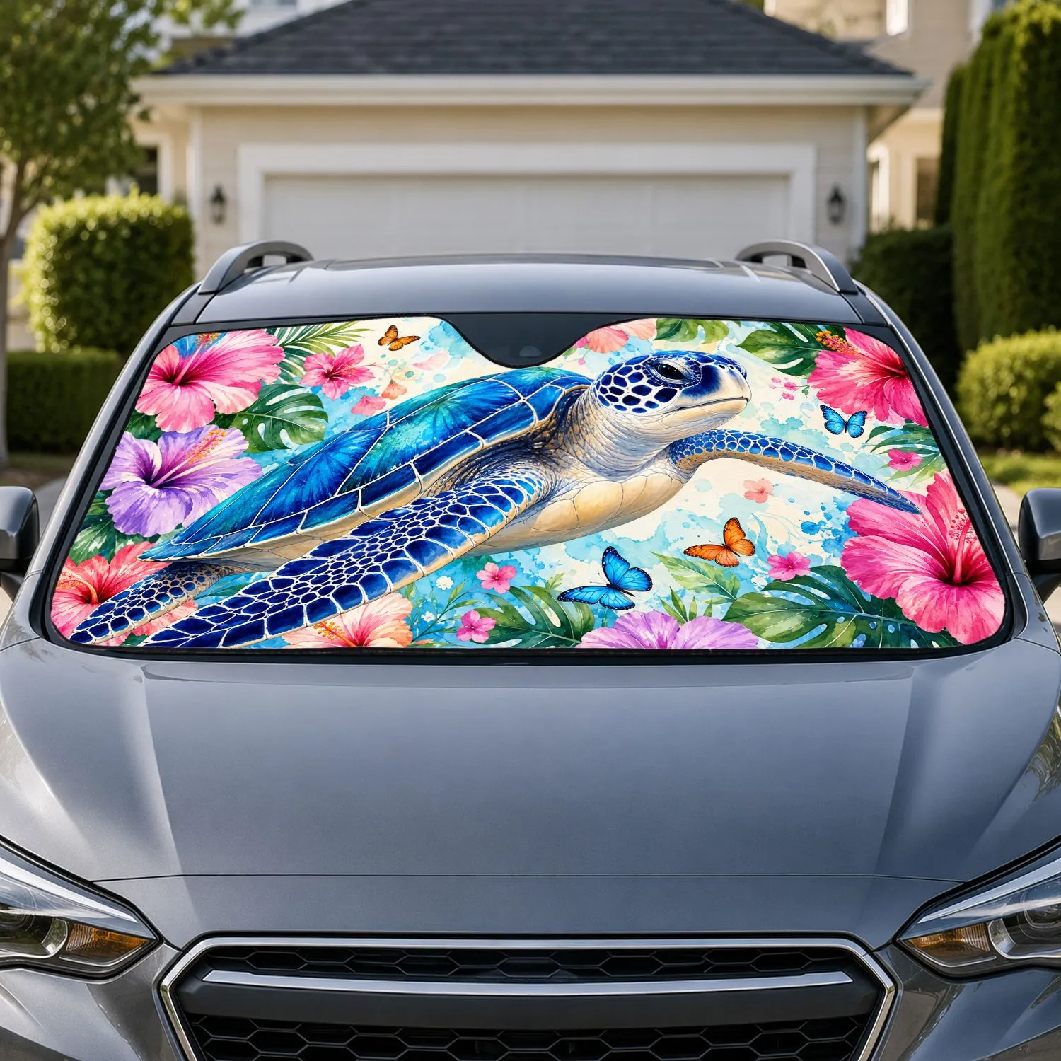 Tropical Sea Turtle With Hibiscus Flowers For Beach Lovers And Ocean Decor Enthusiasts Car Sunshade - 1