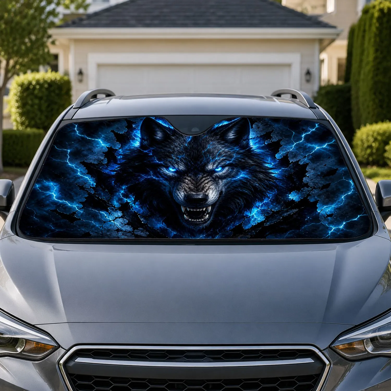 Glowing Cyan Wolf Head With Dark Lightning Energy For Gothic Fantasy Animal Lovers Car Sunshade - 1