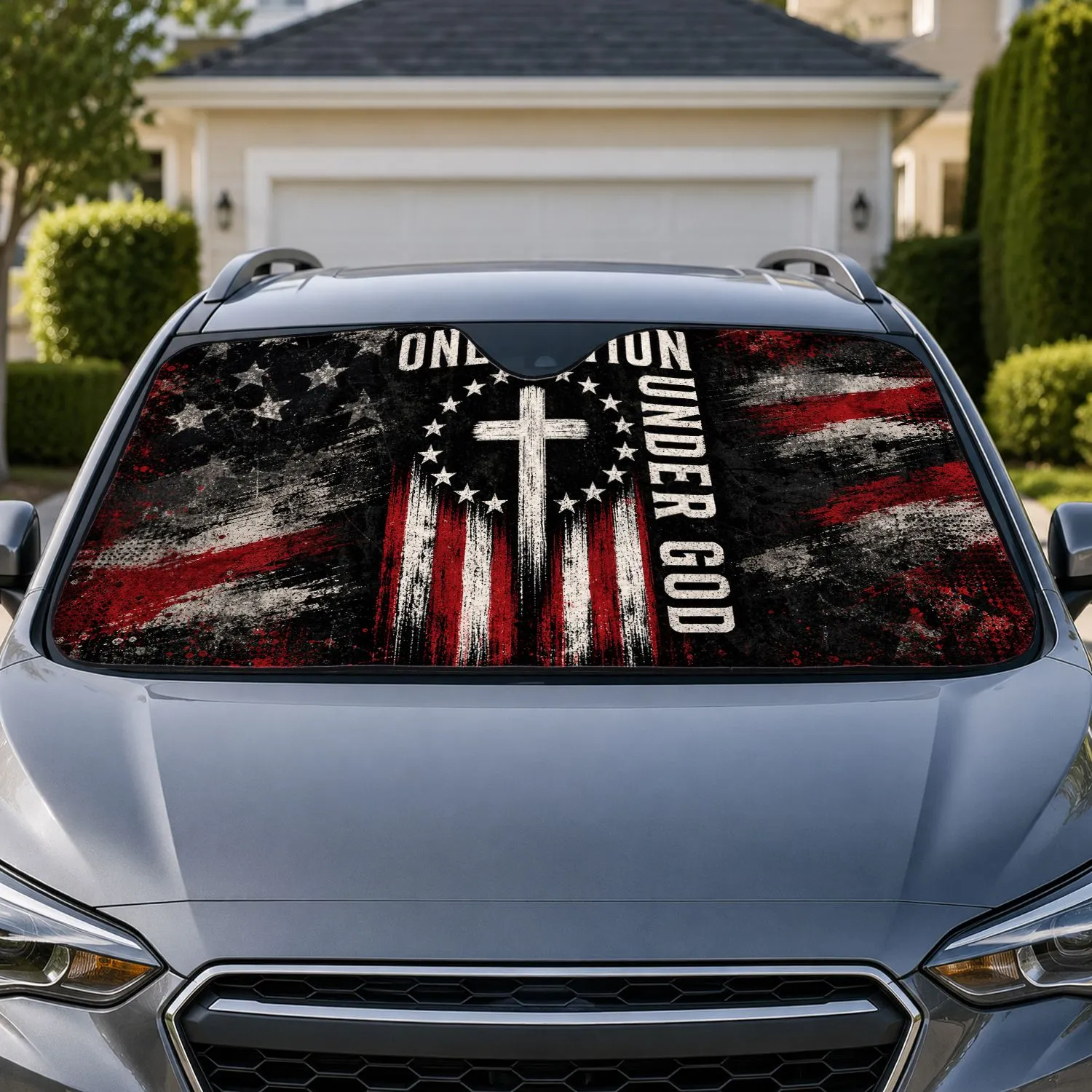One Nation Under God Cross Flag Emblem, Patriotic Faith Decor For Veterans And Believers Car Sunshade - 1