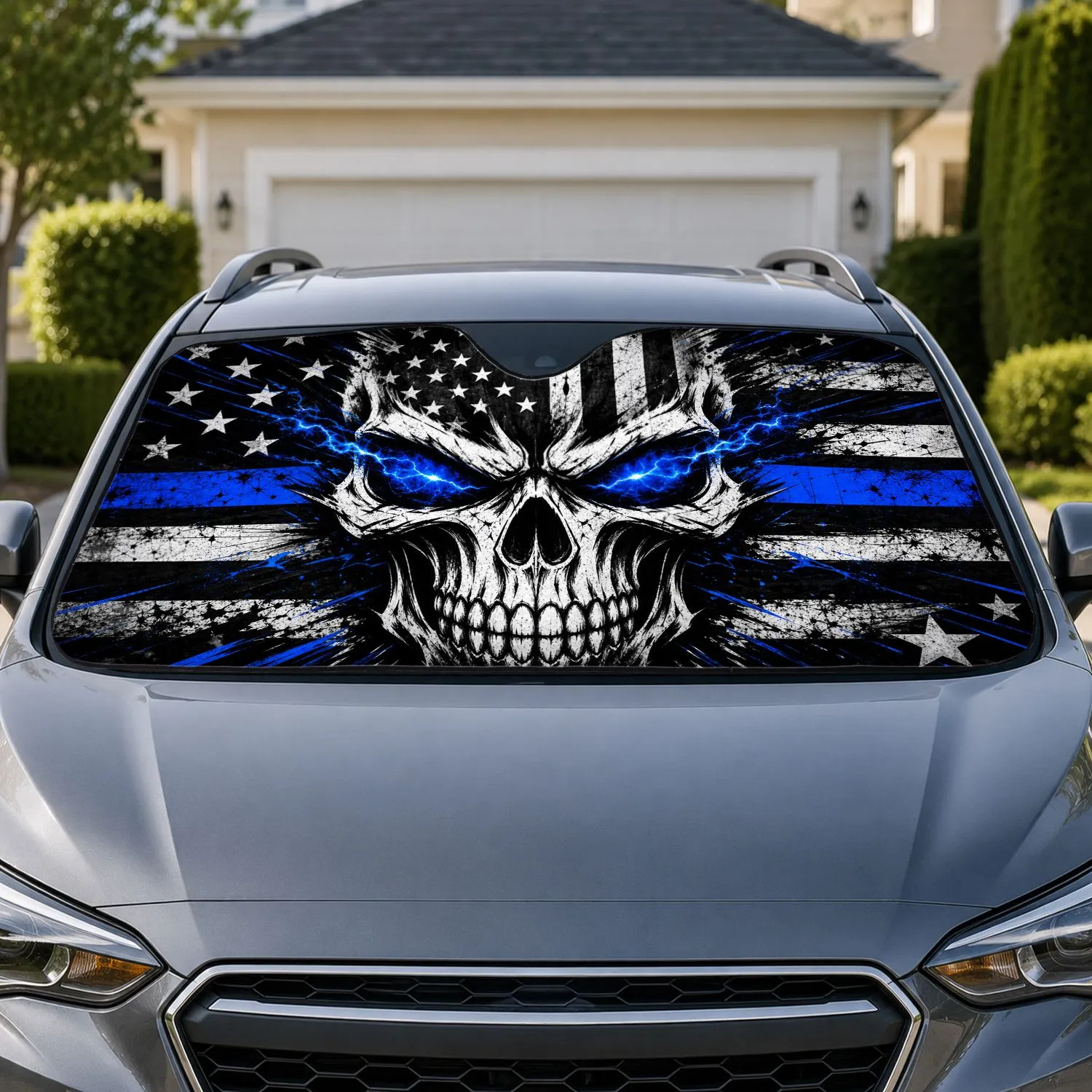 Blue Line Skull American Flag Distressed Stars Stripes Police Support Decor Gift Car Sunshade - 1