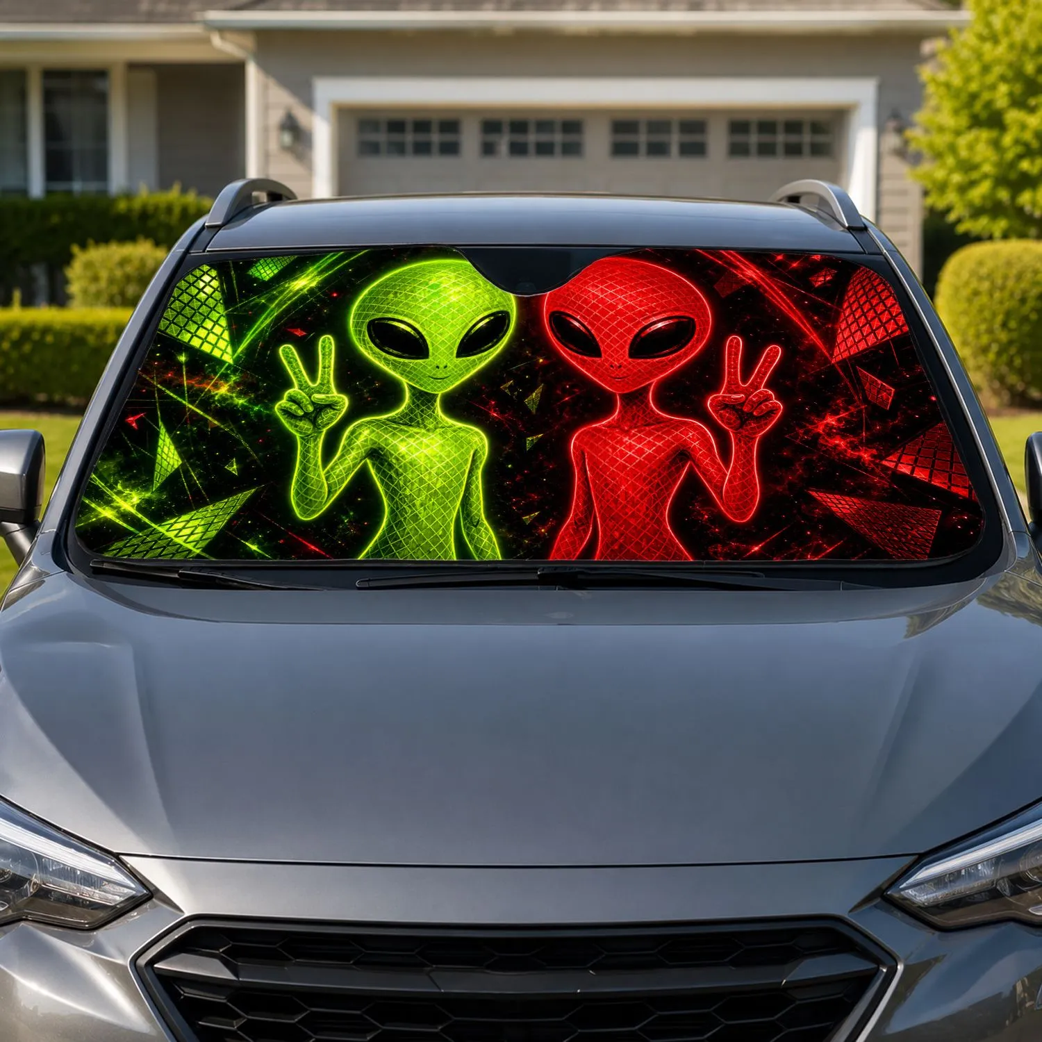 Neon Peace Sign Aliens With Reflective Diamond Glow For Sci Fi Road Trip Lovers Gifts Car Sunshade - 1