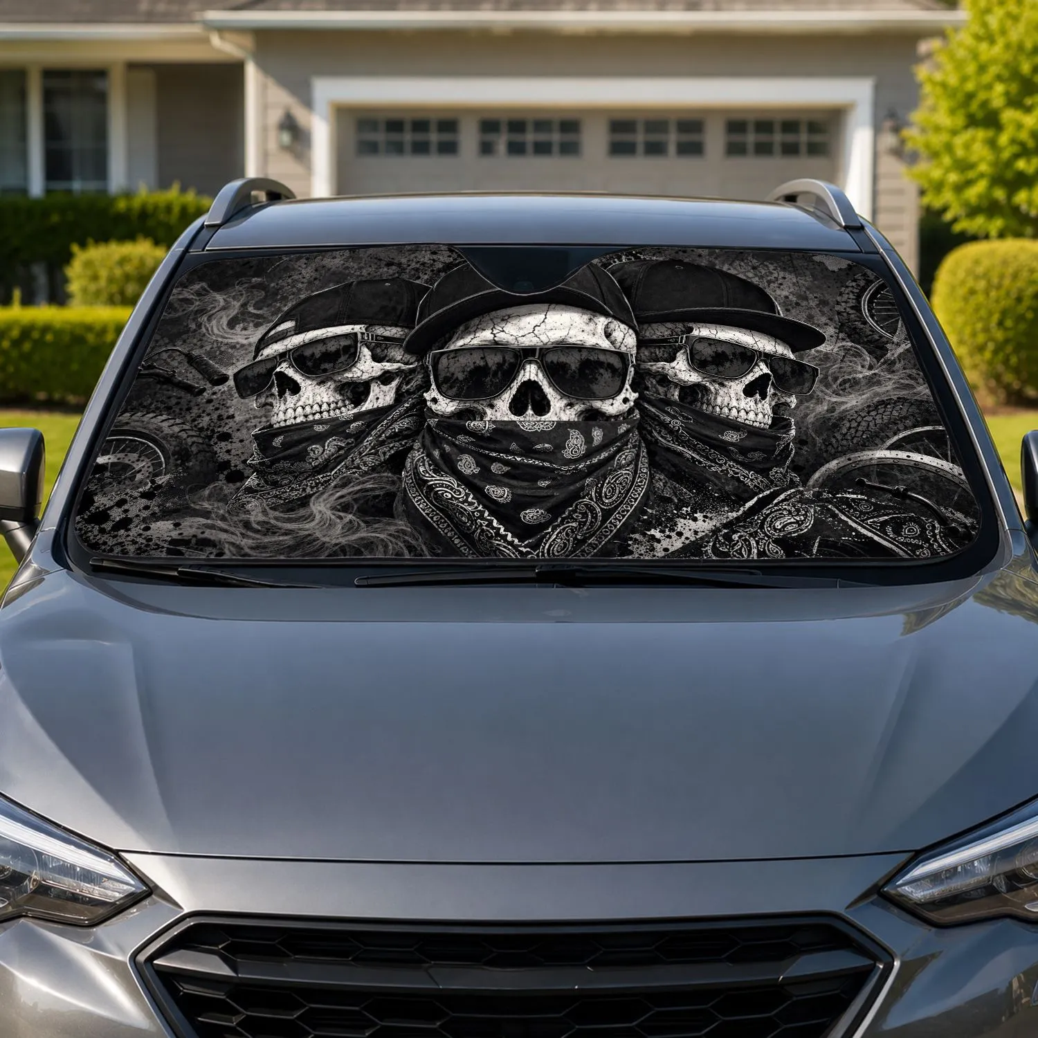 Triple Skull Biker Streetwear Grunge Hip Hop Shades For Urban Riders And Rebels Crew Car Sunshade - 1