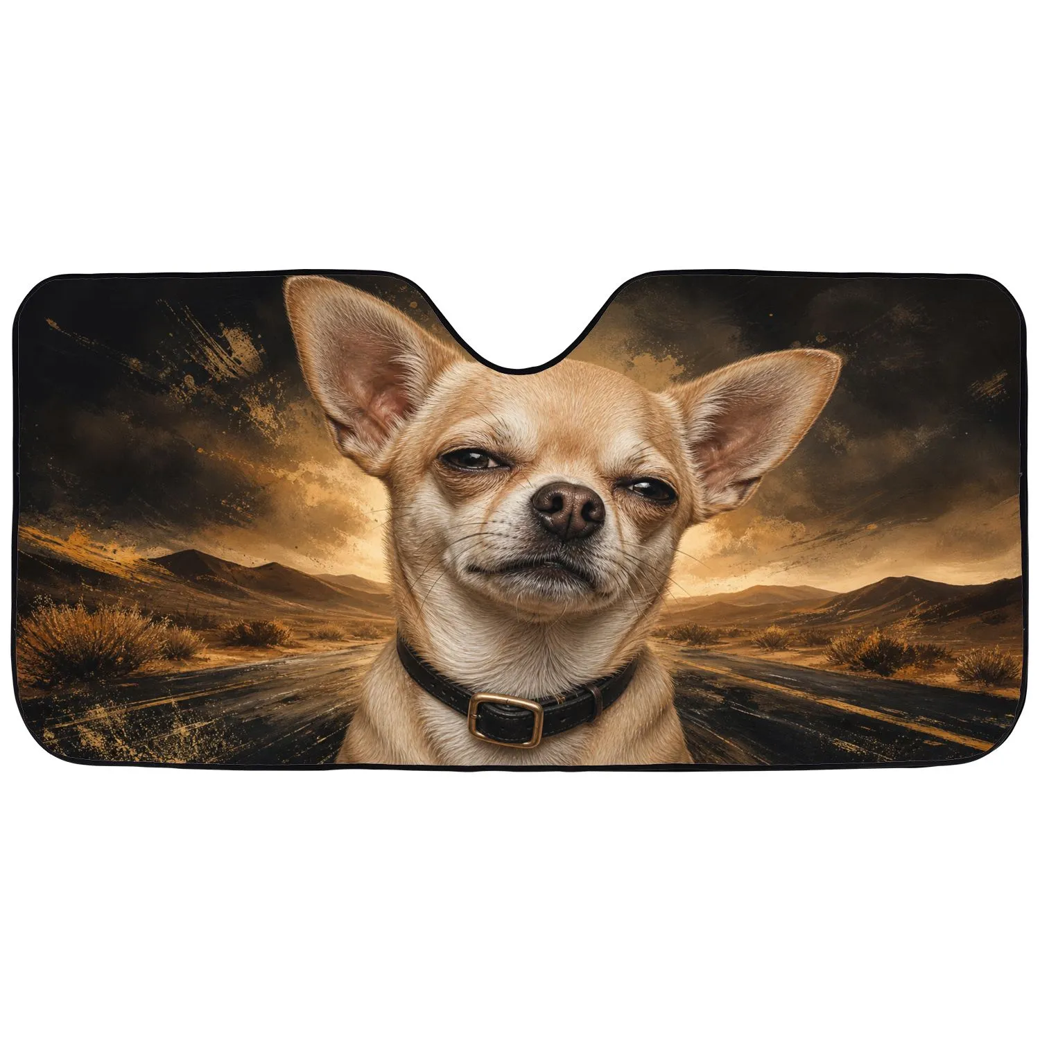 Puzzled Chihuahua Portrait With Black Collar Desert Road Decor Gift For Dog Lovers Car Sunshade - 1
