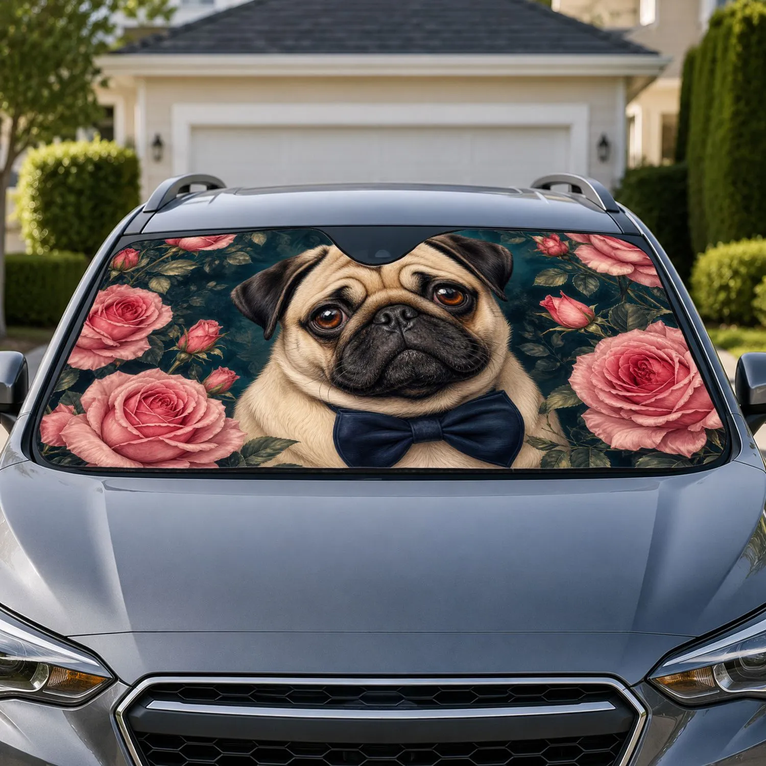 Cute Fawn Pug With Navy Bow Tie And Pink Roses For Dog Lovers And Daily Drive Decor Car Sunshade - 1