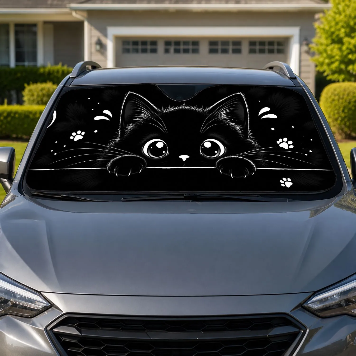 Cute Black Cat Silhouette With Big Eyes For Gothic Summer Travel And Kitten Lovers Car Sunshade - 1