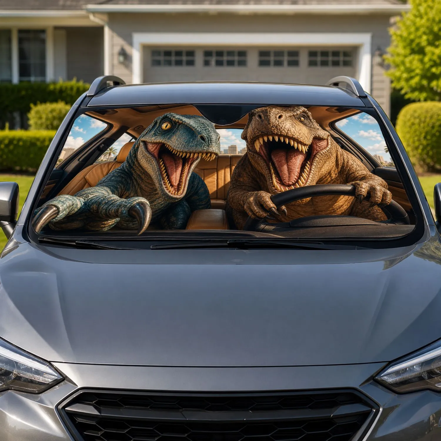 Roaring Dinosaurs In Vehicle Cabin Road Trip Adventure Decor Gift For Dino Lovers Car Sunshade - 1