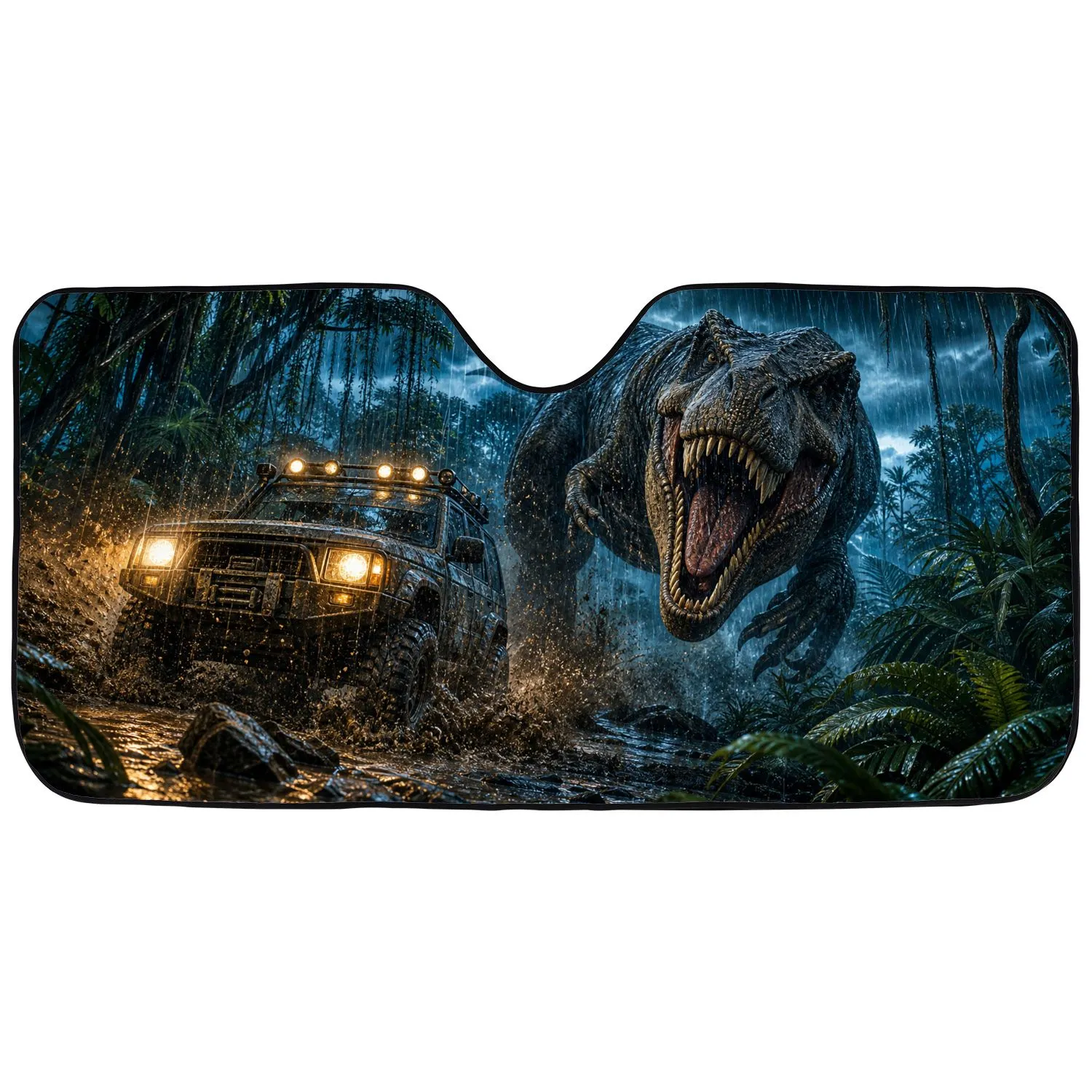Roaring T Rex Versus Off Road SUV In Storm Jungle Mud Racing Adventure For Dinosaur Fans Car Sunshade - 1