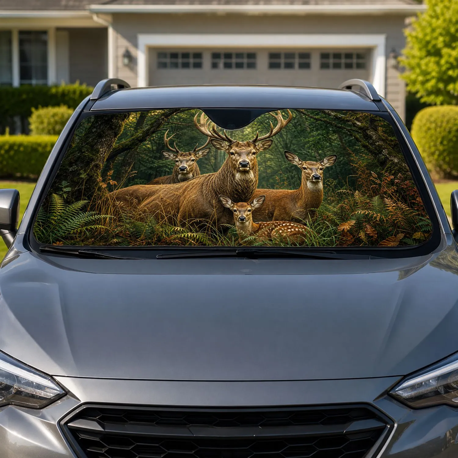 Realistic Deer Family In Deep Green Forest For Rustic Woodland Wildlife Cabin Lovers Car Sunshade - 1