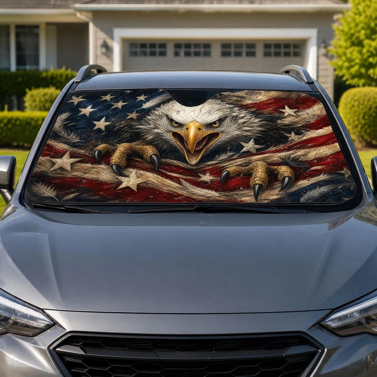 Realistic Bald Eagle With Vintage American Flag Stripes For Patriotic Road Trips Car Sunshade - 1