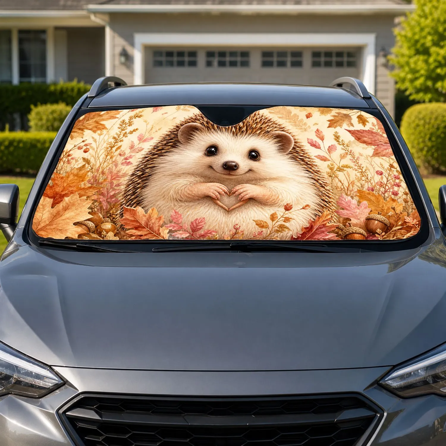 Cute Hedgehog With Heart Paws Autumn Woodland Decor For Cozy Nature Lovers Gift Idea Car Sunshade - 1
