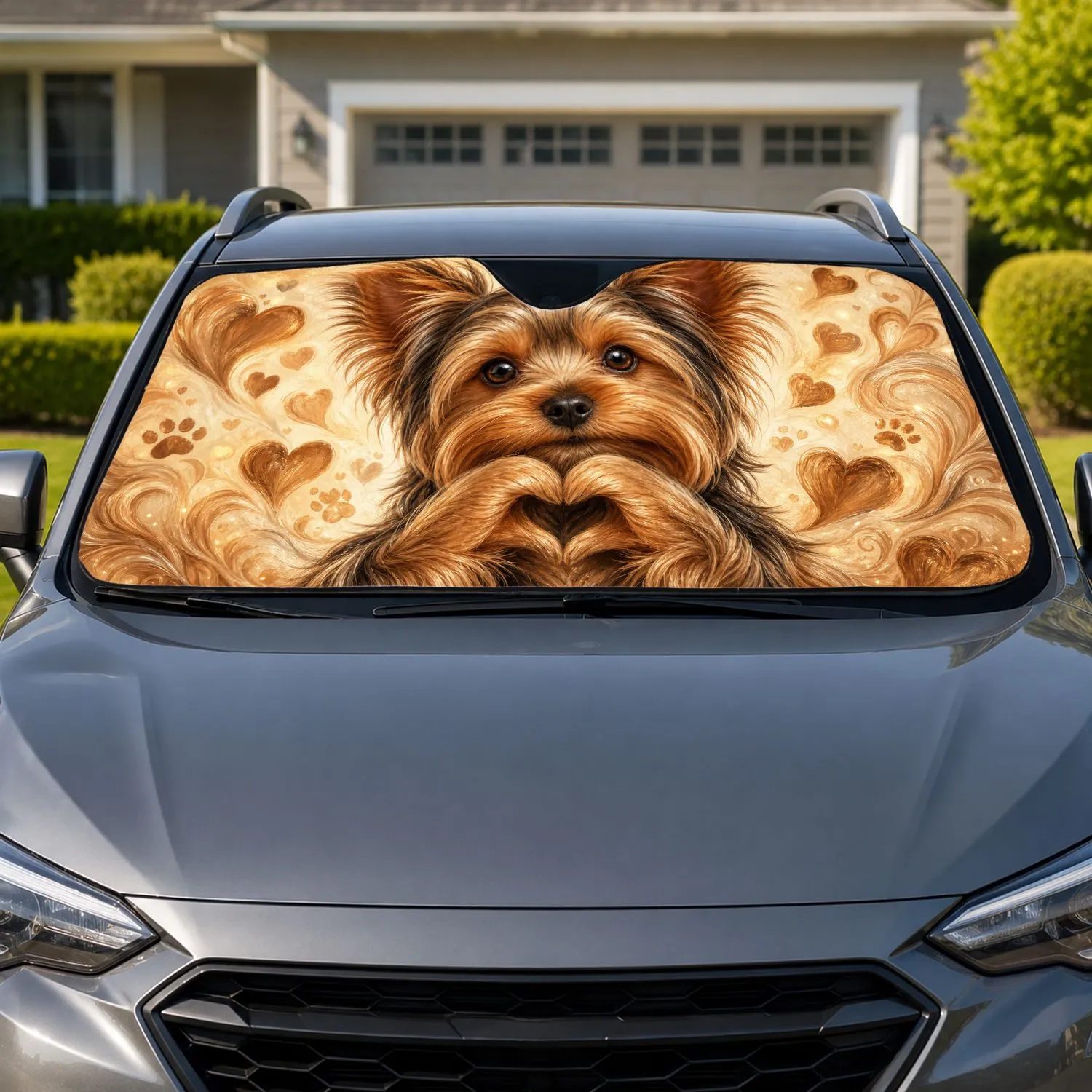 Yorkshire Terrier Puppy With Heart Paws For Dog Mom Gifts And Cozy Pet Lover Style Car Sunshade - 1