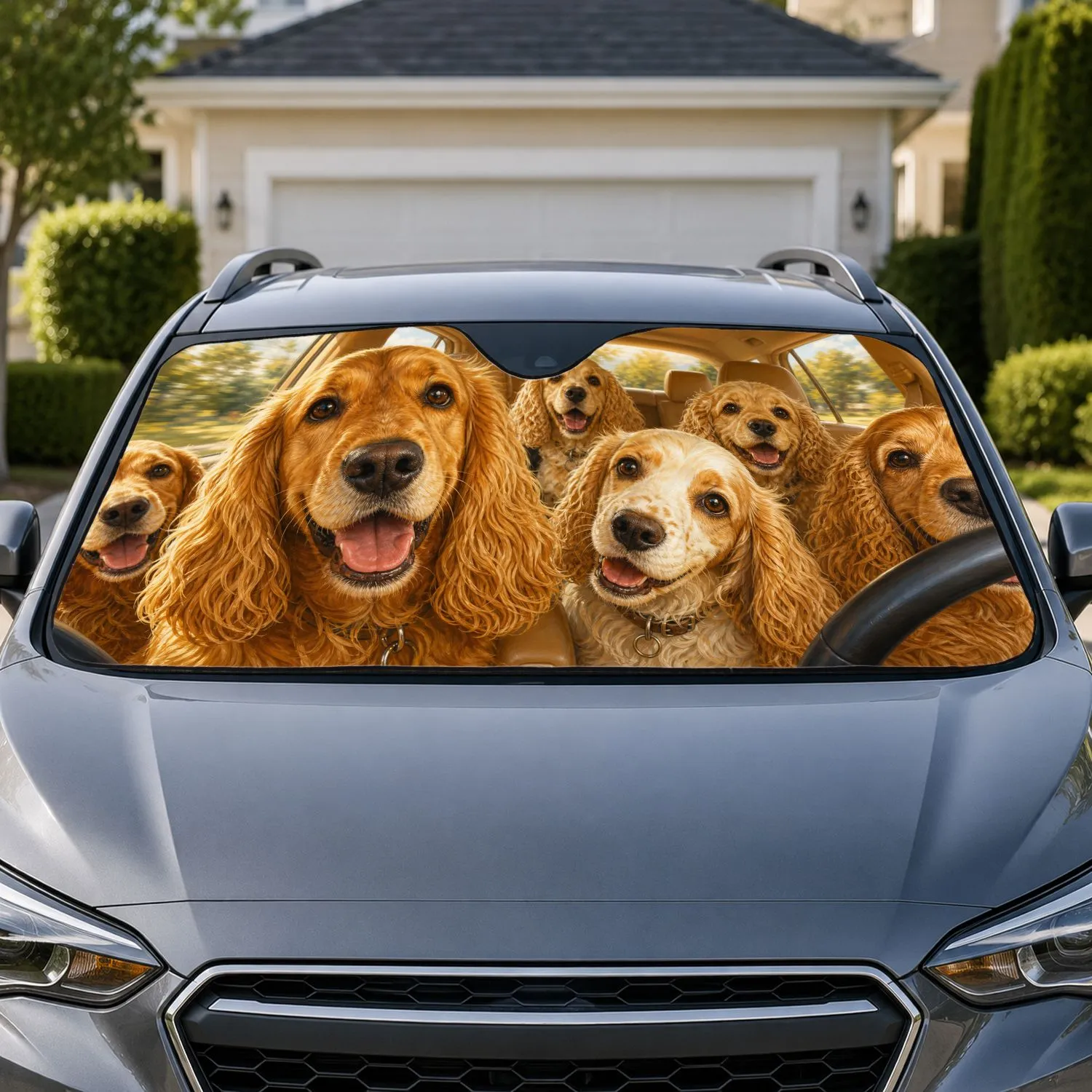 Cocker Spaniel Family Road Trip Scene For Dog Lovers And Travel Adventures Together Car Sunshade - 1