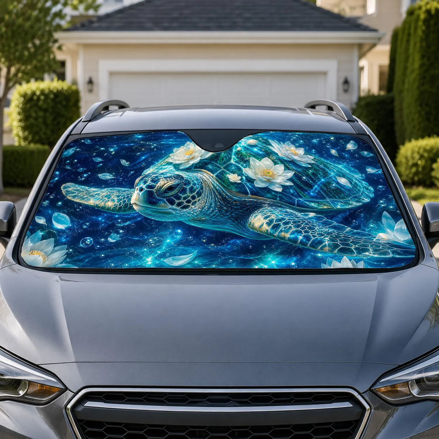 Majestic Sea Turtle With Lotus Blossoms Ocean Glow For Coastal Zen Decor Lovers Gifts Car Sunshade - 1