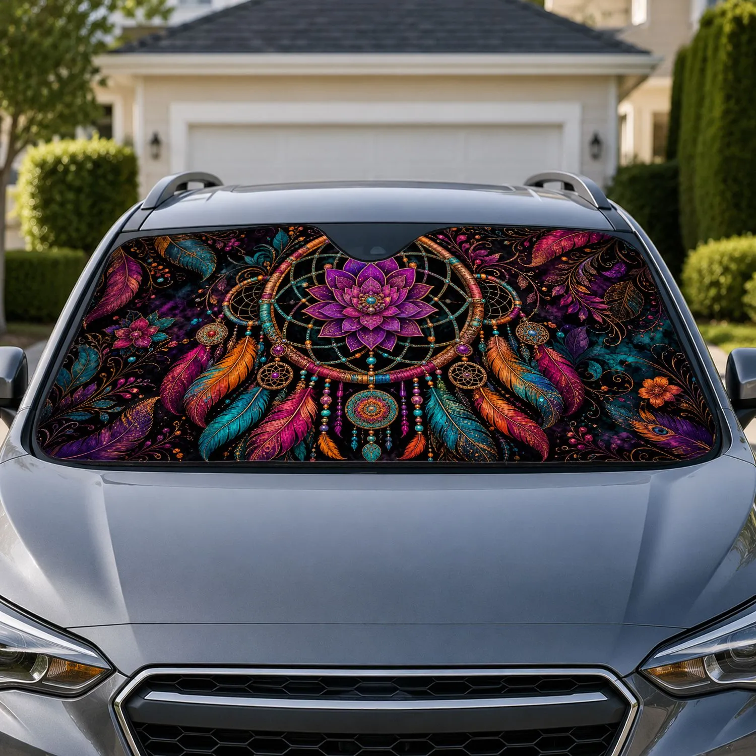Bohemian Dreamcatcher Mandala With Jewel Feathers For Road Trips And Daily Drives Car Sunshade - 1