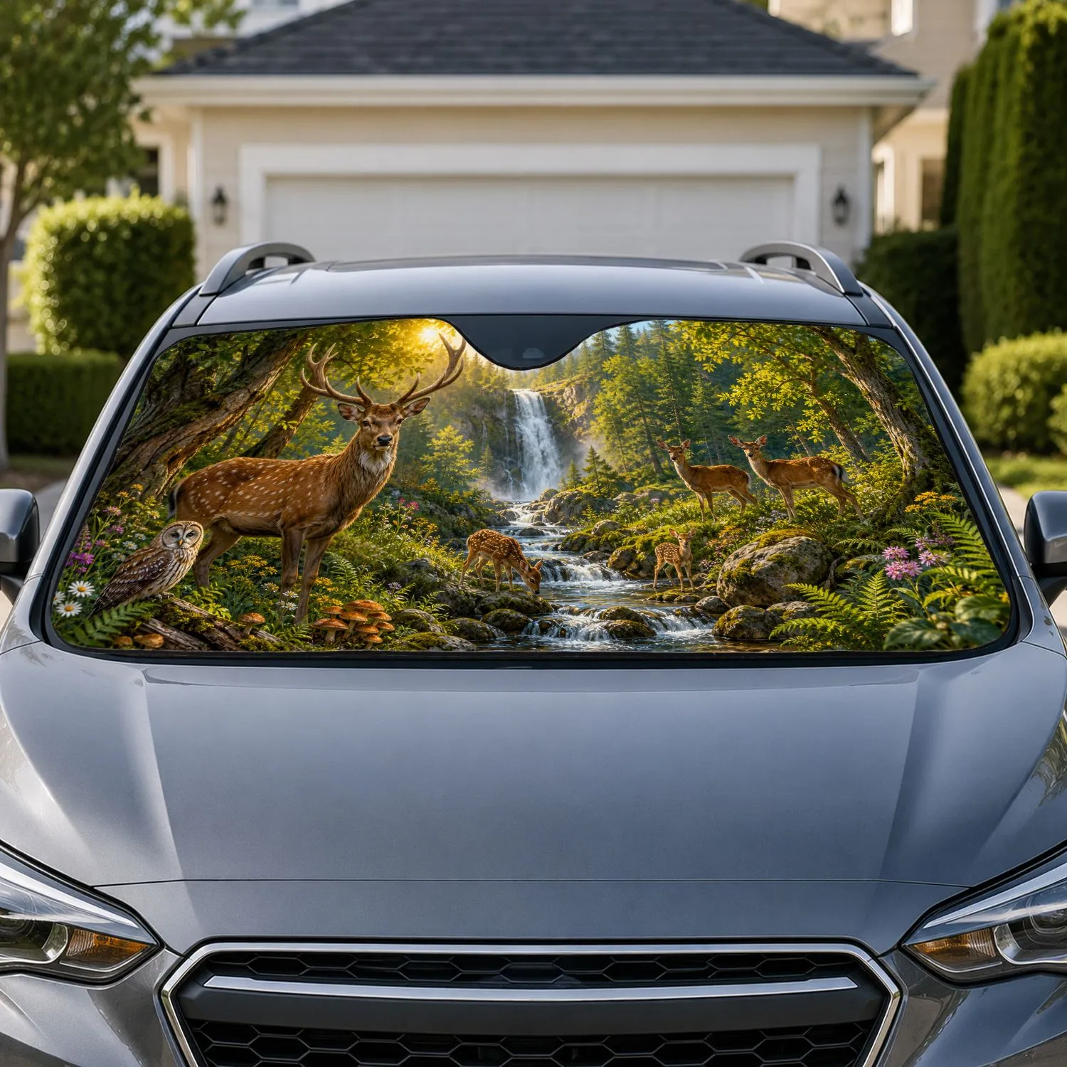 Enchanted Forest Deer Stream Waterfall Wildlife Scene For Nature Lovers Decor Gift Car Sunshade - 1