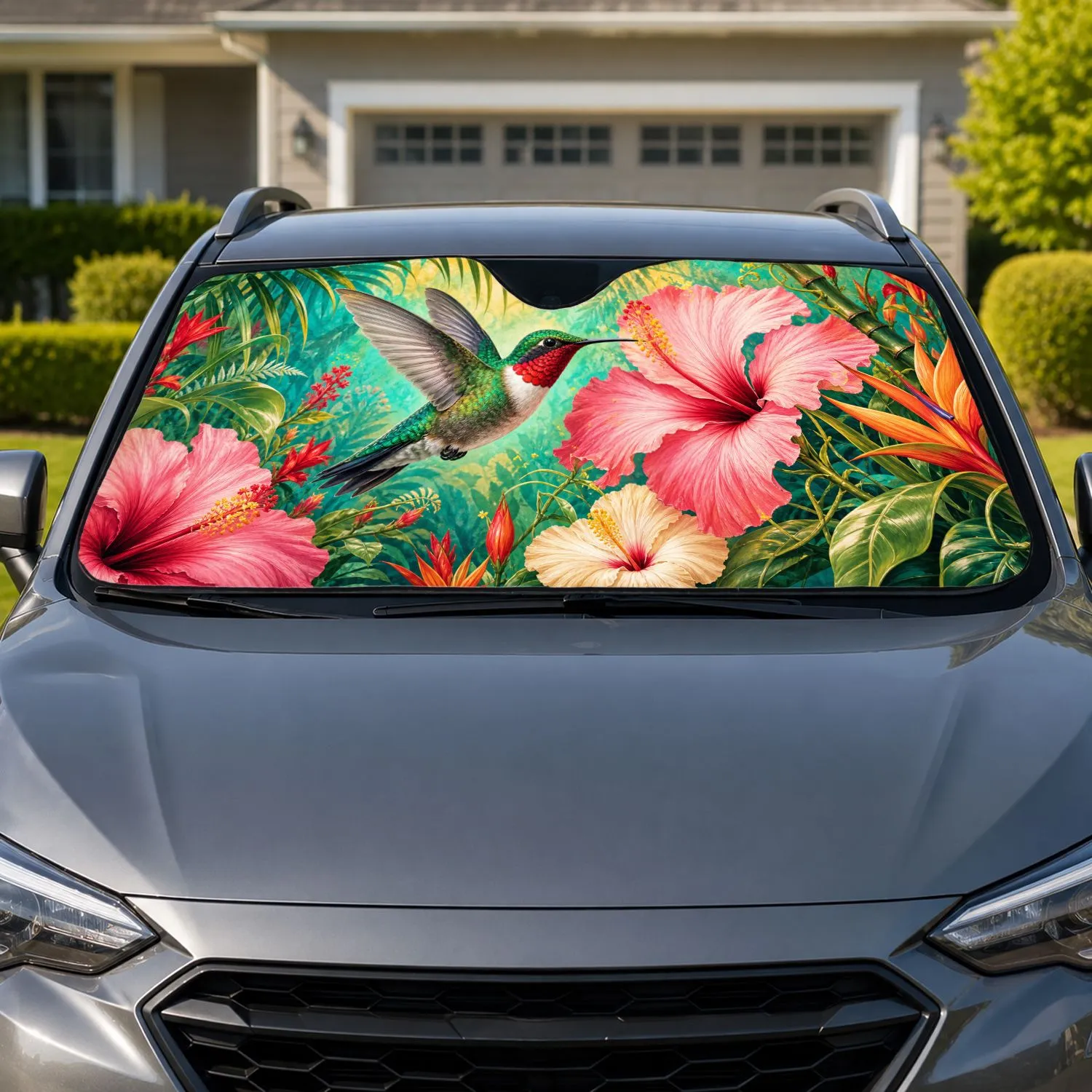 Ruby Throated Hummingbird With Tropical Hibiscus For Summer Garden Nature Lovers Car Sunshade - 1