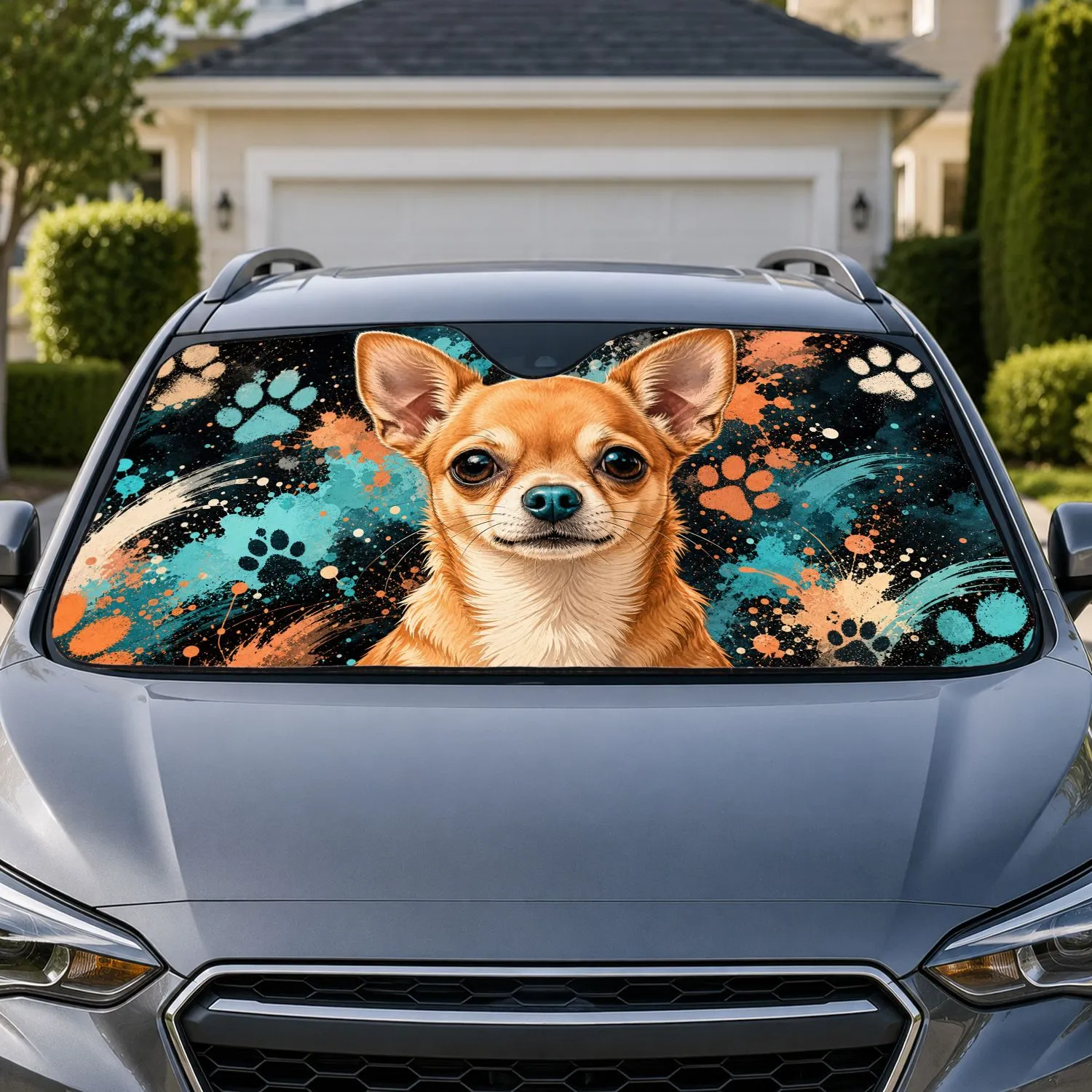 Tan Chihuahua Portrait With Aqua Paint Splashes For Road Trip Style And Dog Moms Car Sunshade - 1