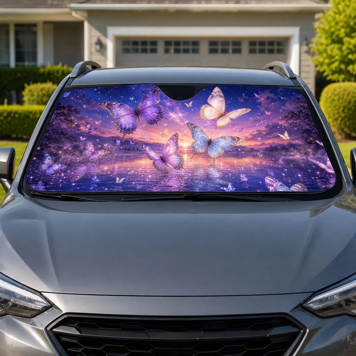 Magical Twilight Butterflies Over Reflective Lake For Dreamy Fantasy Travel Lovers Car Sunshade - 1