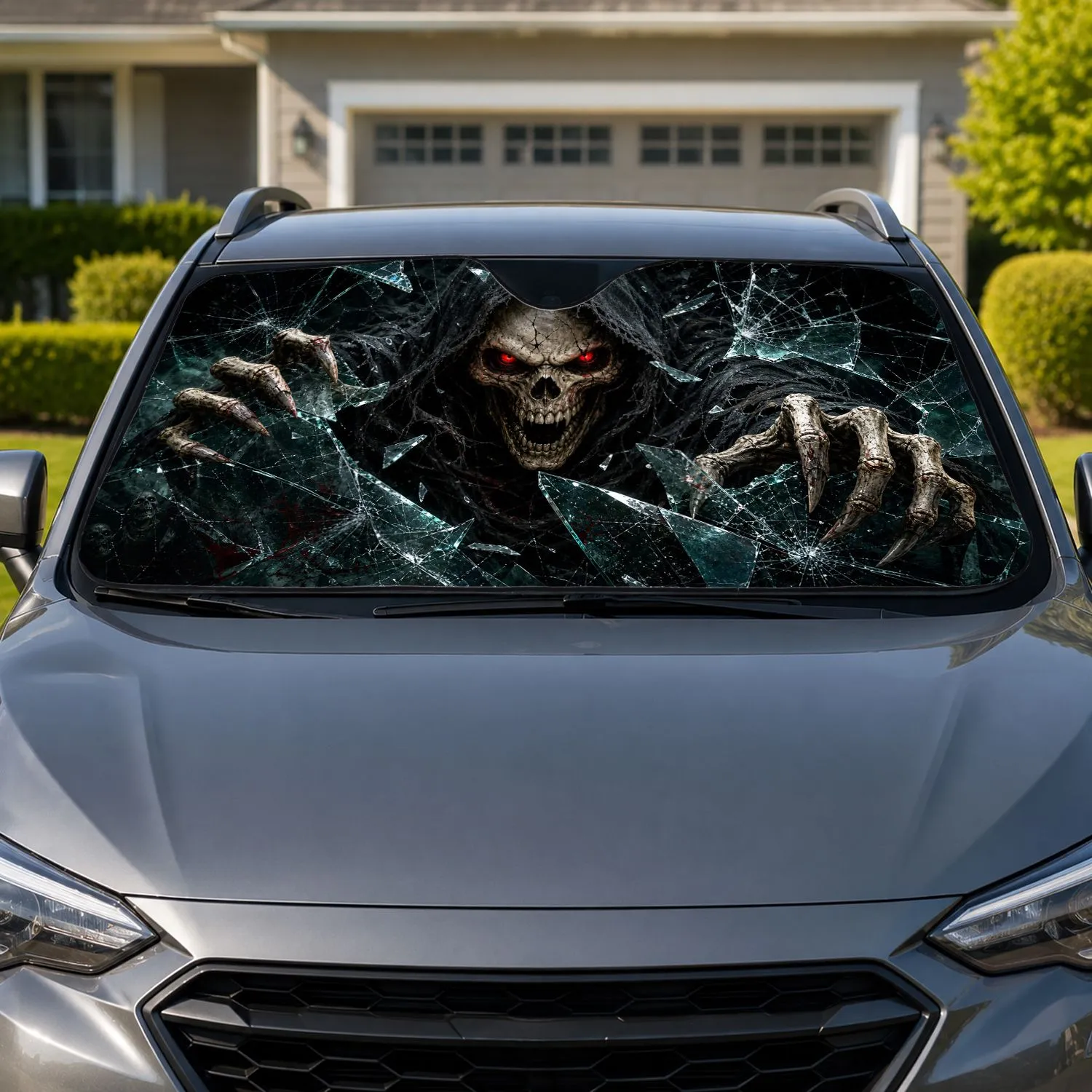 Hooded Grim Reaper Skull With Shattered Glass For Dark Fantasy Horror And Goth Fans Car Sunshade - 1