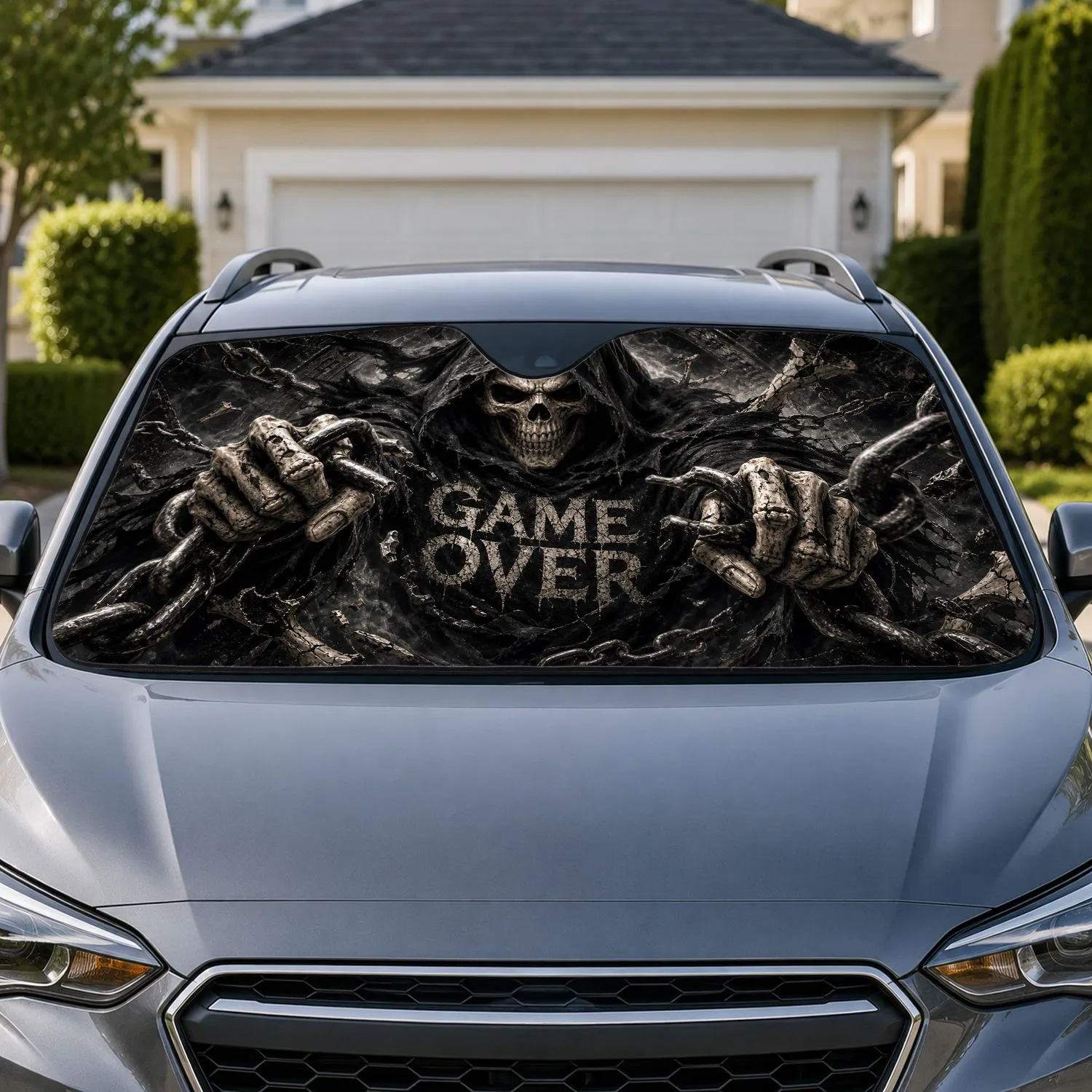 Gothic Skeleton Reaper With Broken Chains For Dark Fantasy Horror Fans And Metalheads Car Sunshade - 1