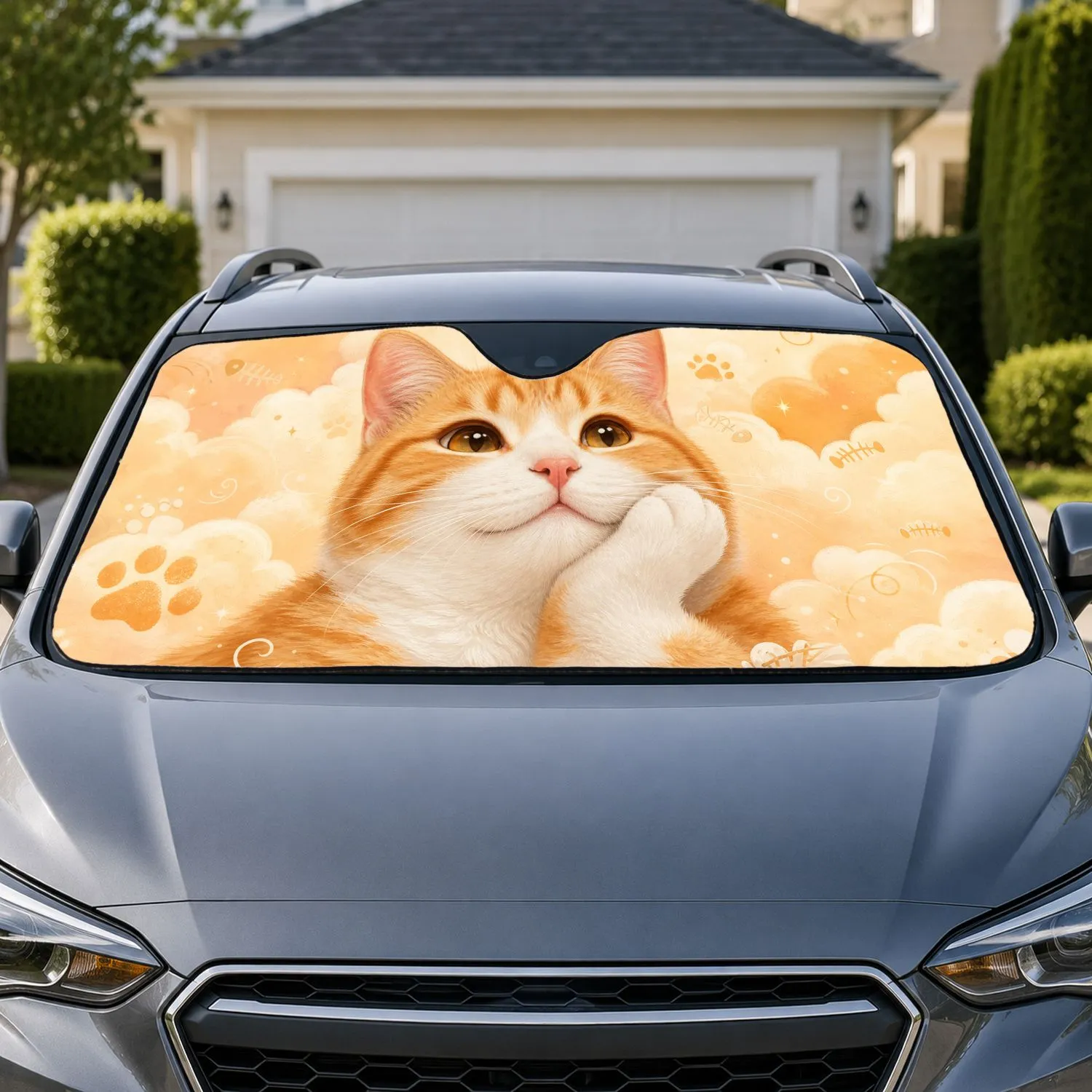 Sleepy Orange Tabby Cat With Clouds And Fishbones For Cozy Daily Drive Cat Lover Decor Car Sunshade - 1
