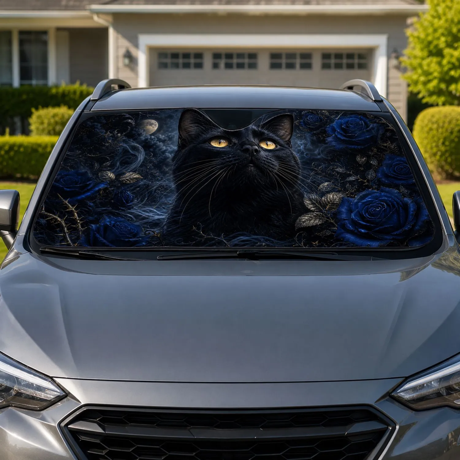Black Cat With Golden Eyes And Gothic Blue Roses For Dark Fantasy Cat Lovers Mystic Decor Car Sunshade - 1