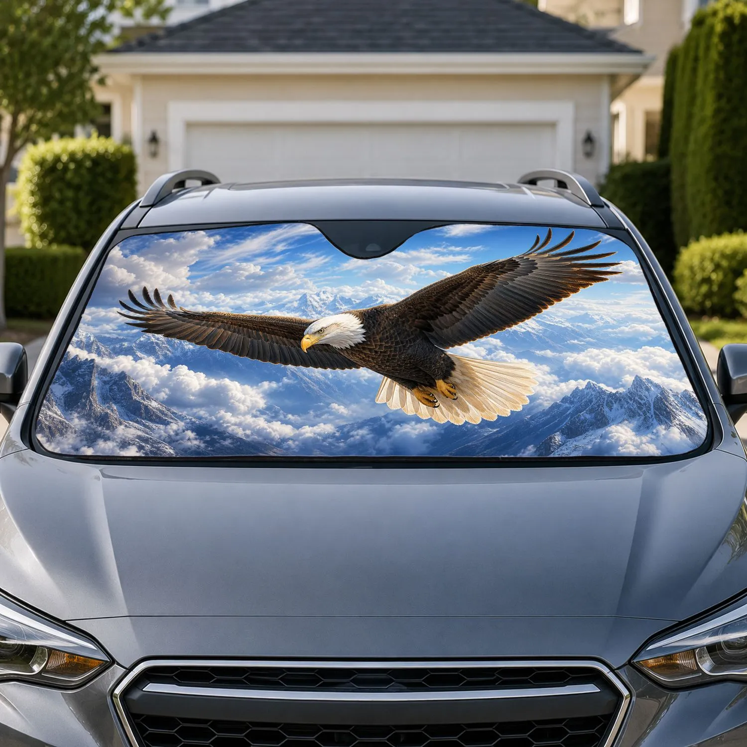 Realistic Bald Eagle Soaring Over Blue Sky Clouds For Patriotic Road Trip Style Fans Car Sunshade - 1