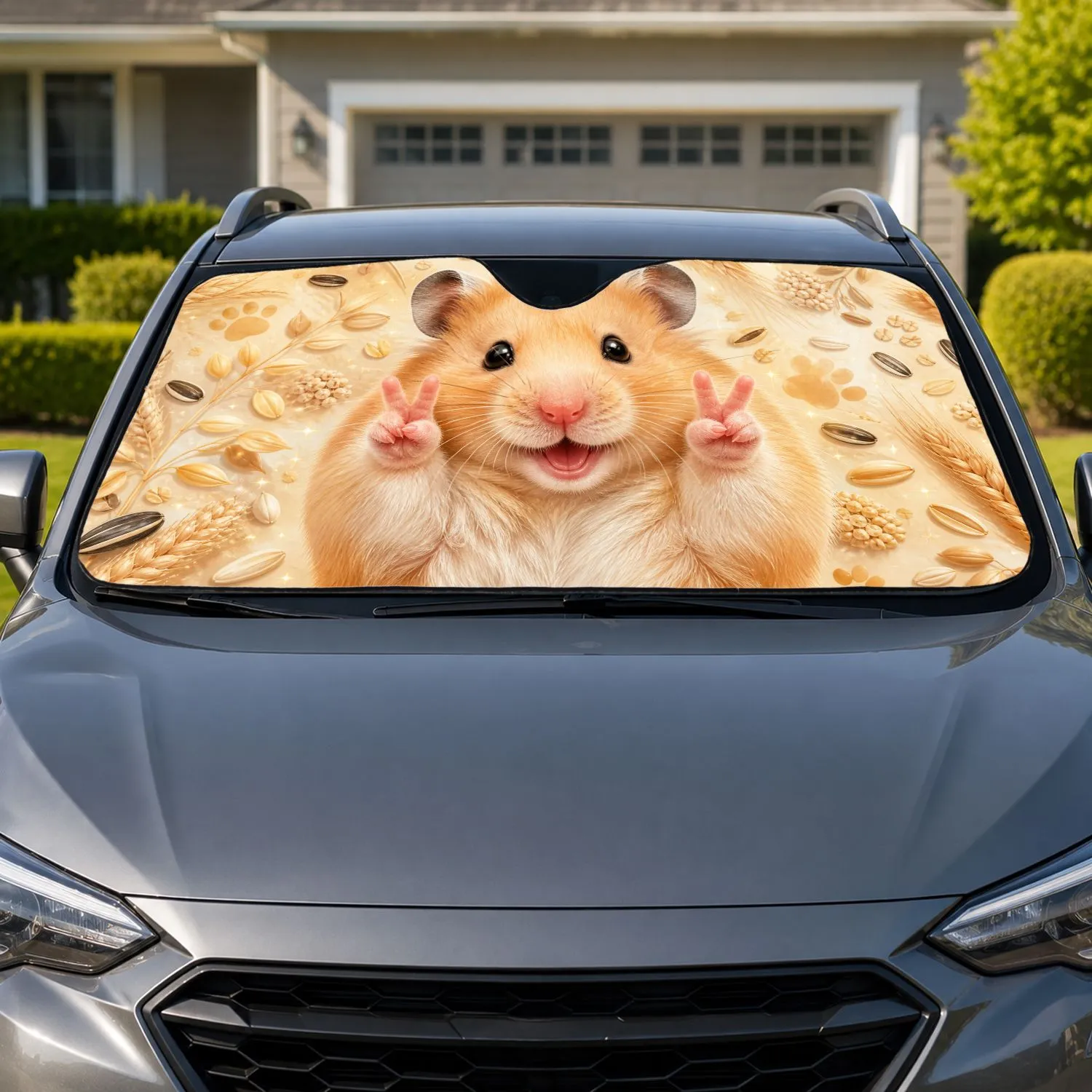 Cute Golden Hamster With Peace Paws And Sunflower Seeds For Cozy Pet Lover Style Car Sunshade - 1
