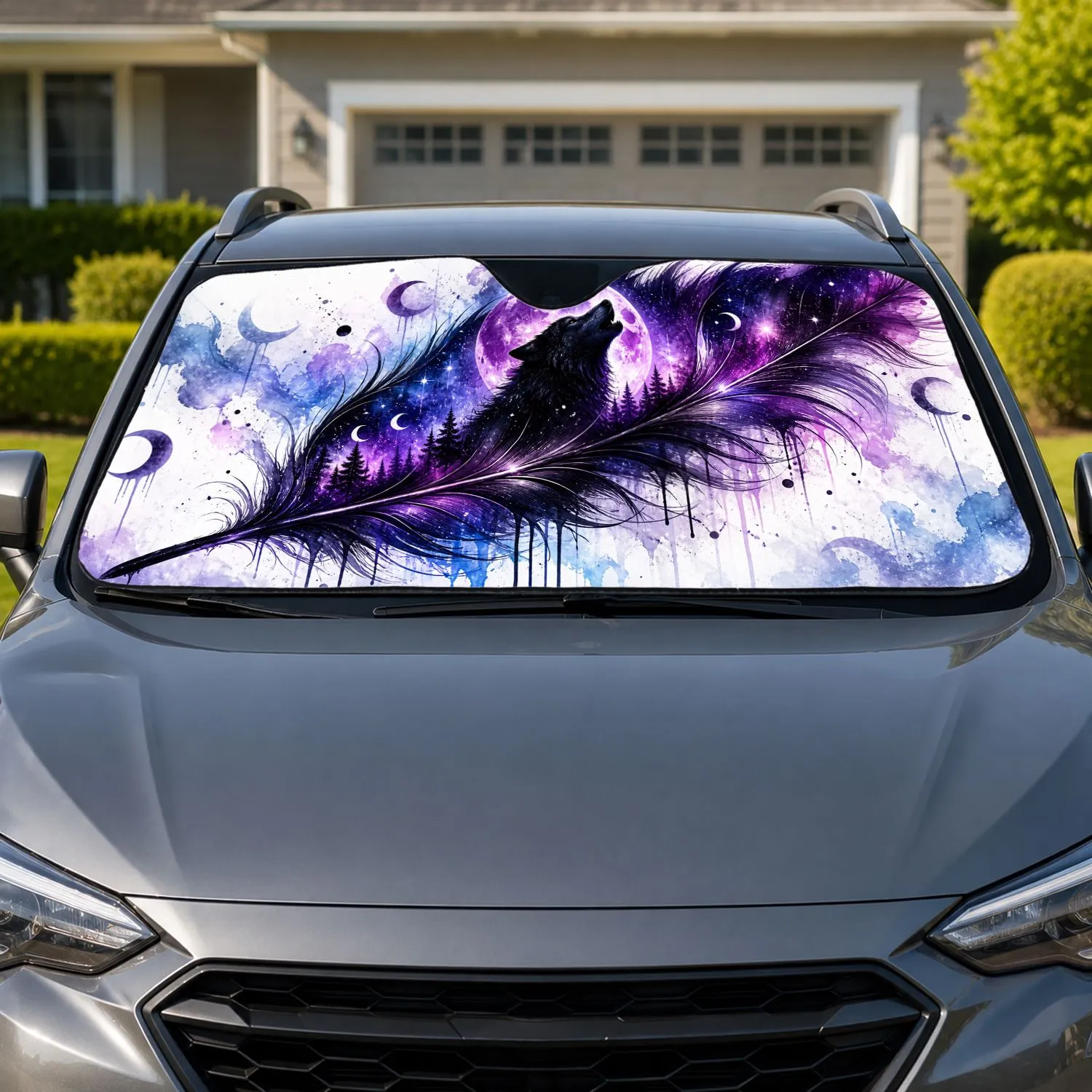 Howling Black Wolf Feather Moon Fantasy Night Sky Decor For Mystic Road Trip Fans Car Sunshade - 1